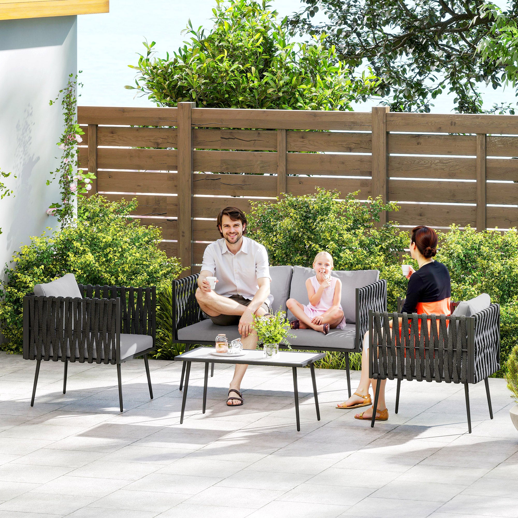 Outsunny 4 Piece Garden Furniture Set with Cushions for Patio, Light Grey - Image 8