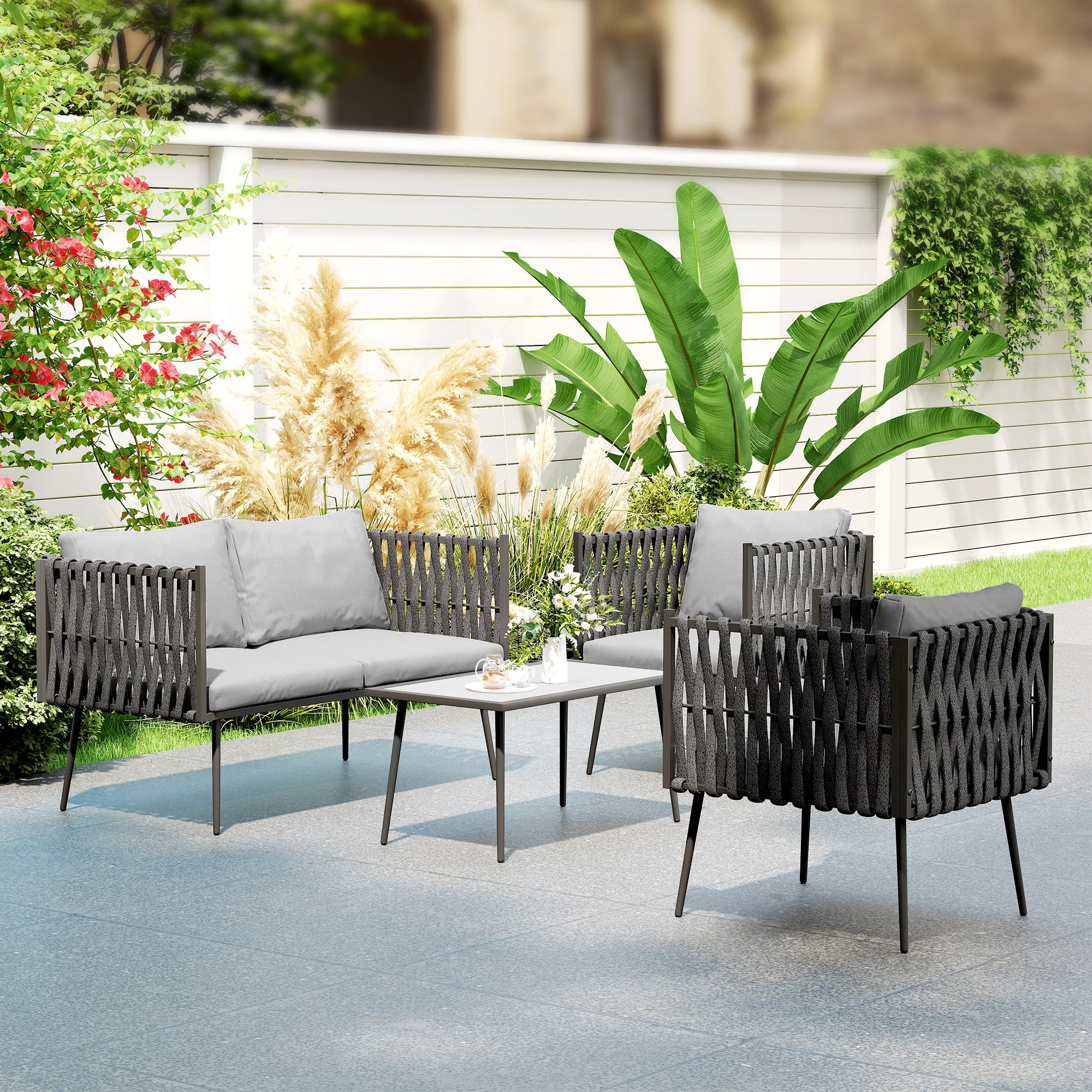 Outsunny 4 Piece Garden Furniture Set with Cushions for Patio, Light Grey - Image 9