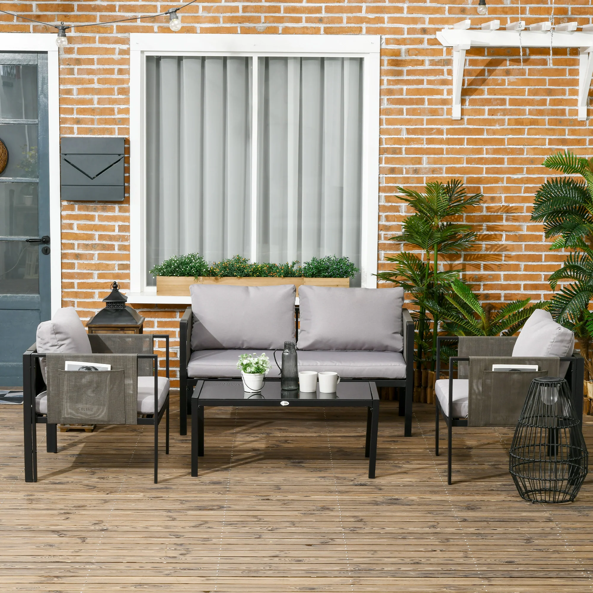 Outsunny 4 Piece Garden Sofa Set w/ Tempered Glass Coffee Table Padded Cushions - Image 2