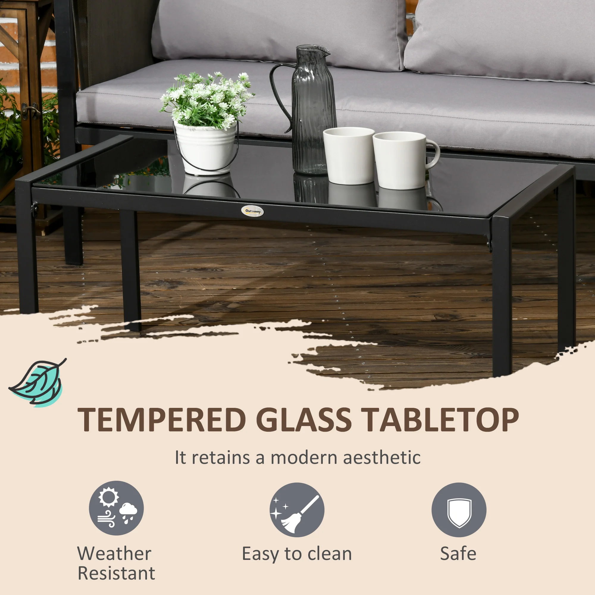 Outsunny 4 Piece Garden Sofa Set w/ Tempered Glass Coffee Table Padded Cushions - Image 4