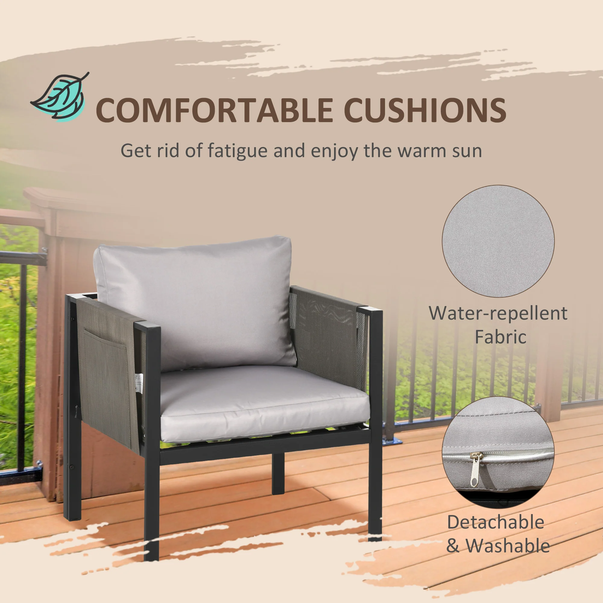 Outsunny 4 Piece Garden Sofa Set w/ Tempered Glass Coffee Table Padded Cushions - Image 6