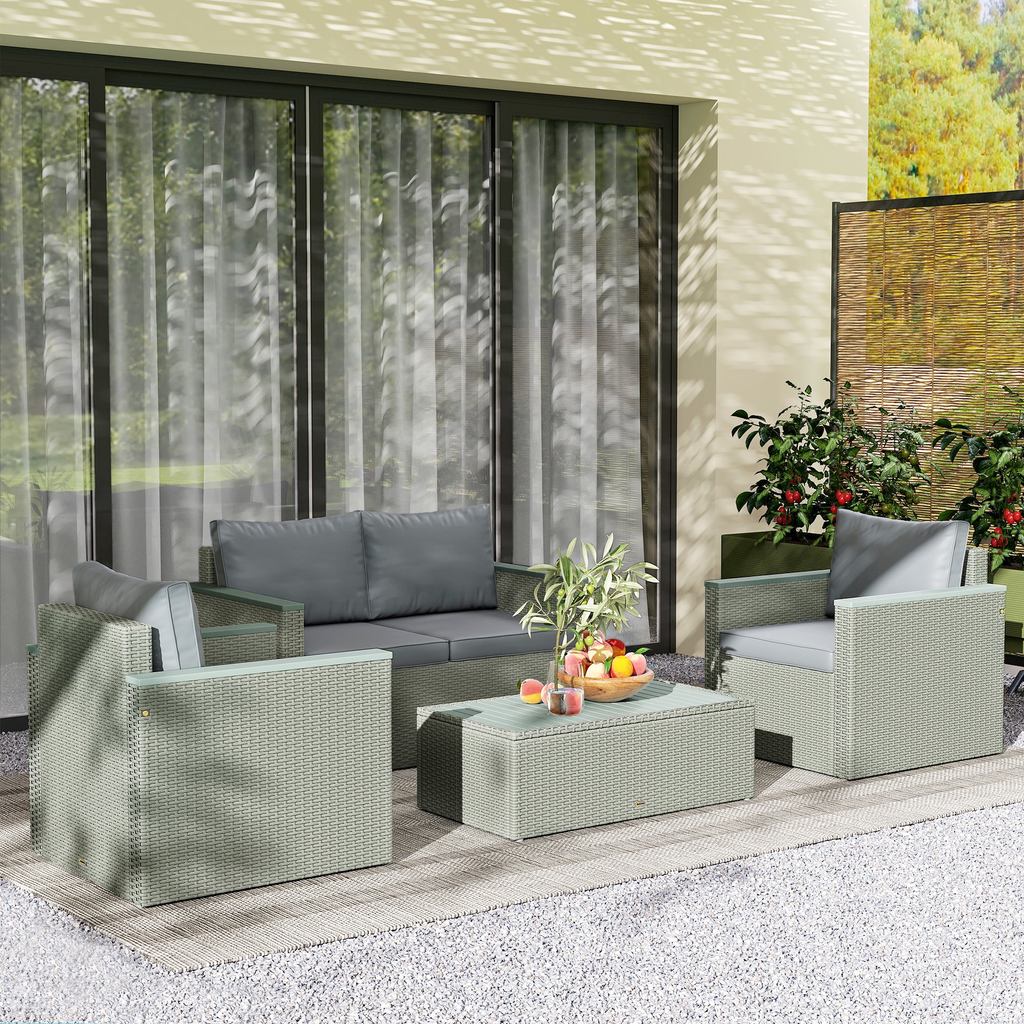 Outsunny 4 Piece Rattan Garden Furniture Set with Cushions, Light Grey - Image 2
