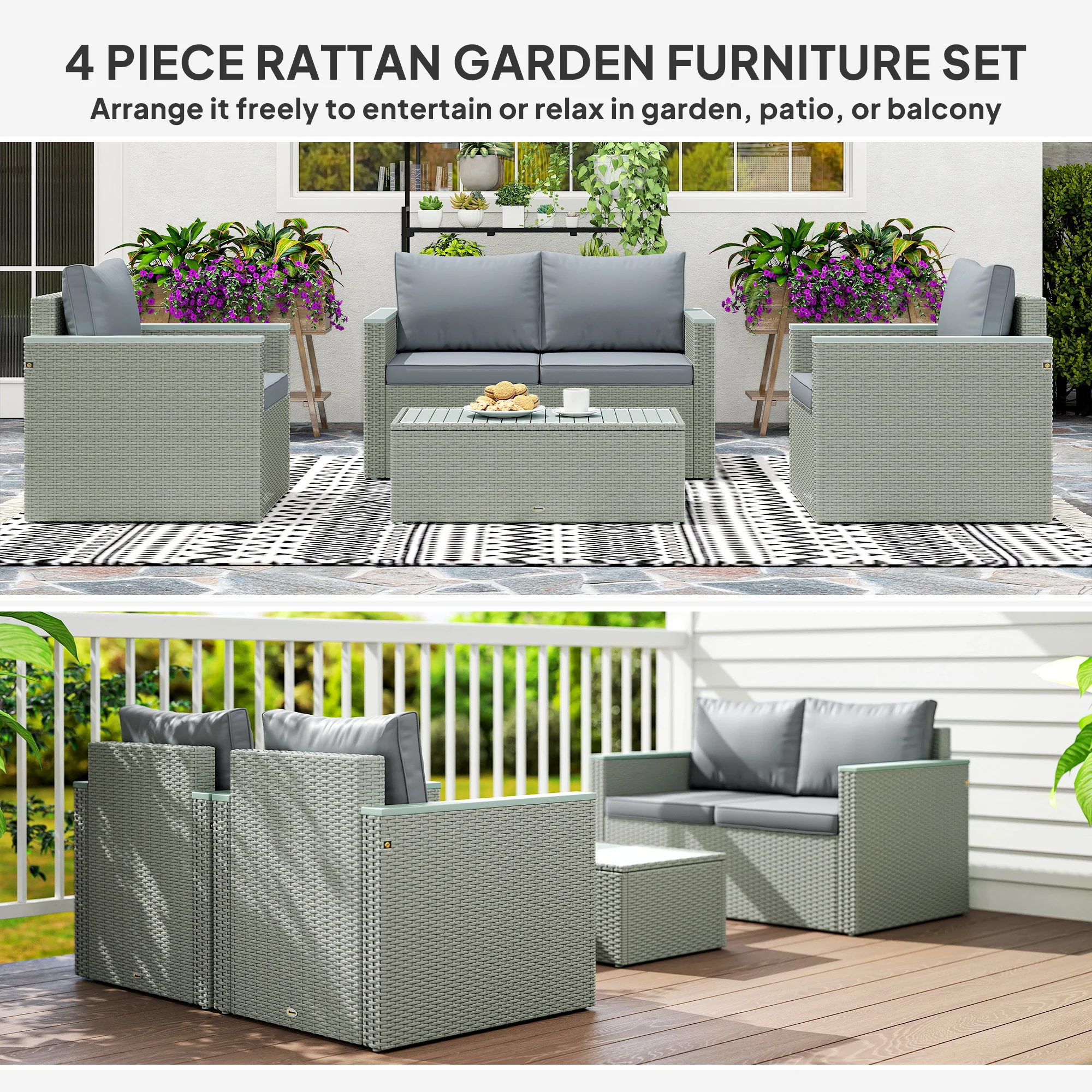 Outsunny 4 Piece Rattan Garden Furniture Set with Cushions, Light Grey - Image 3