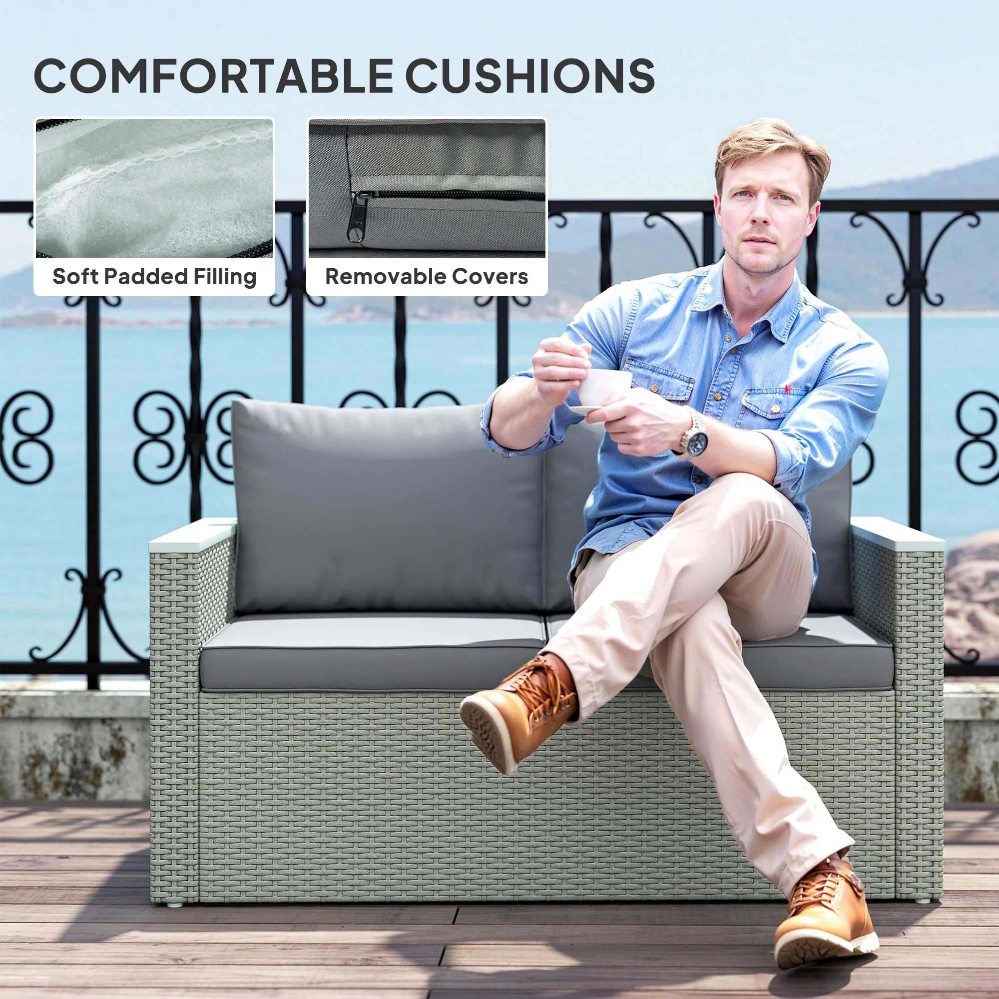 Outsunny 4 Piece Rattan Garden Furniture Set with Cushions, Light Grey - Image 4