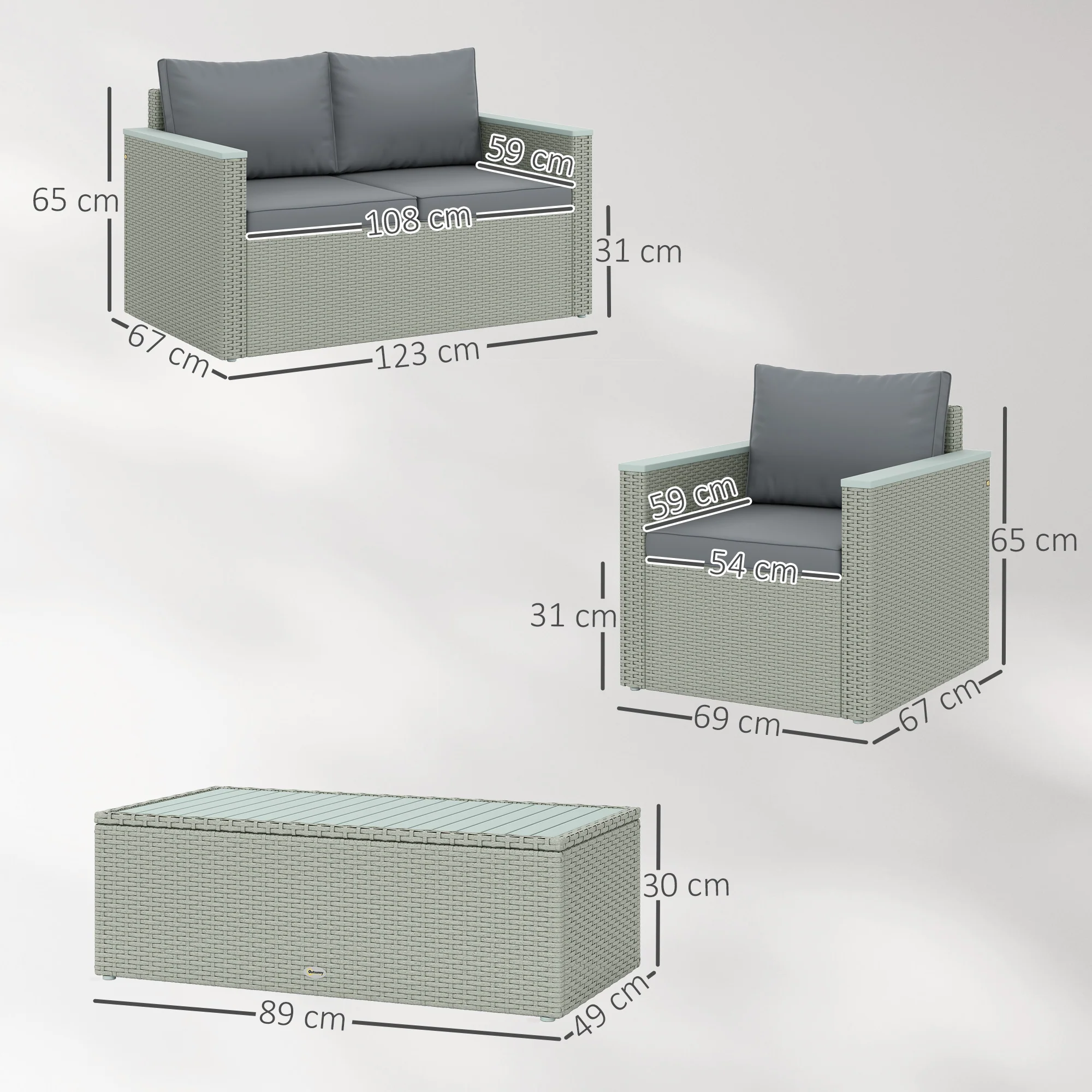 Outsunny 4 Piece Rattan Garden Furniture Set with Cushions, Light Grey - Image 5
