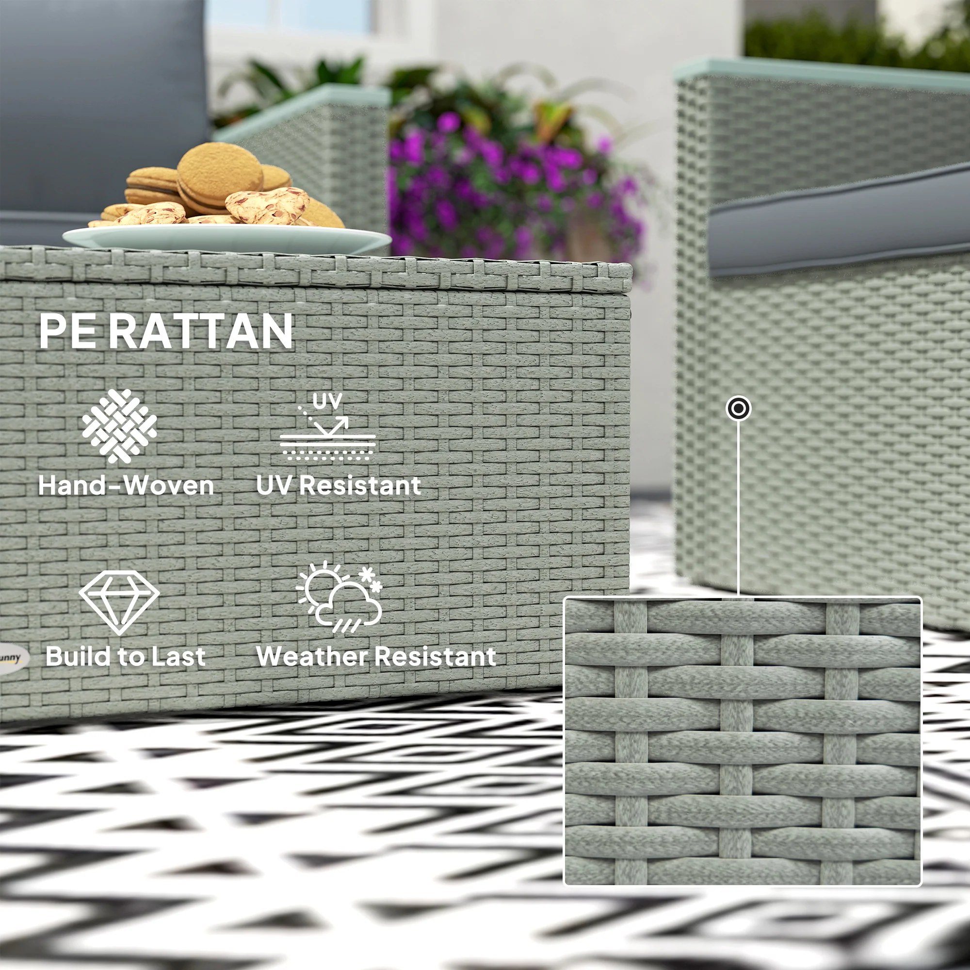Outsunny 4 Piece Rattan Garden Furniture Set with Cushions, Light Grey - Image 7
