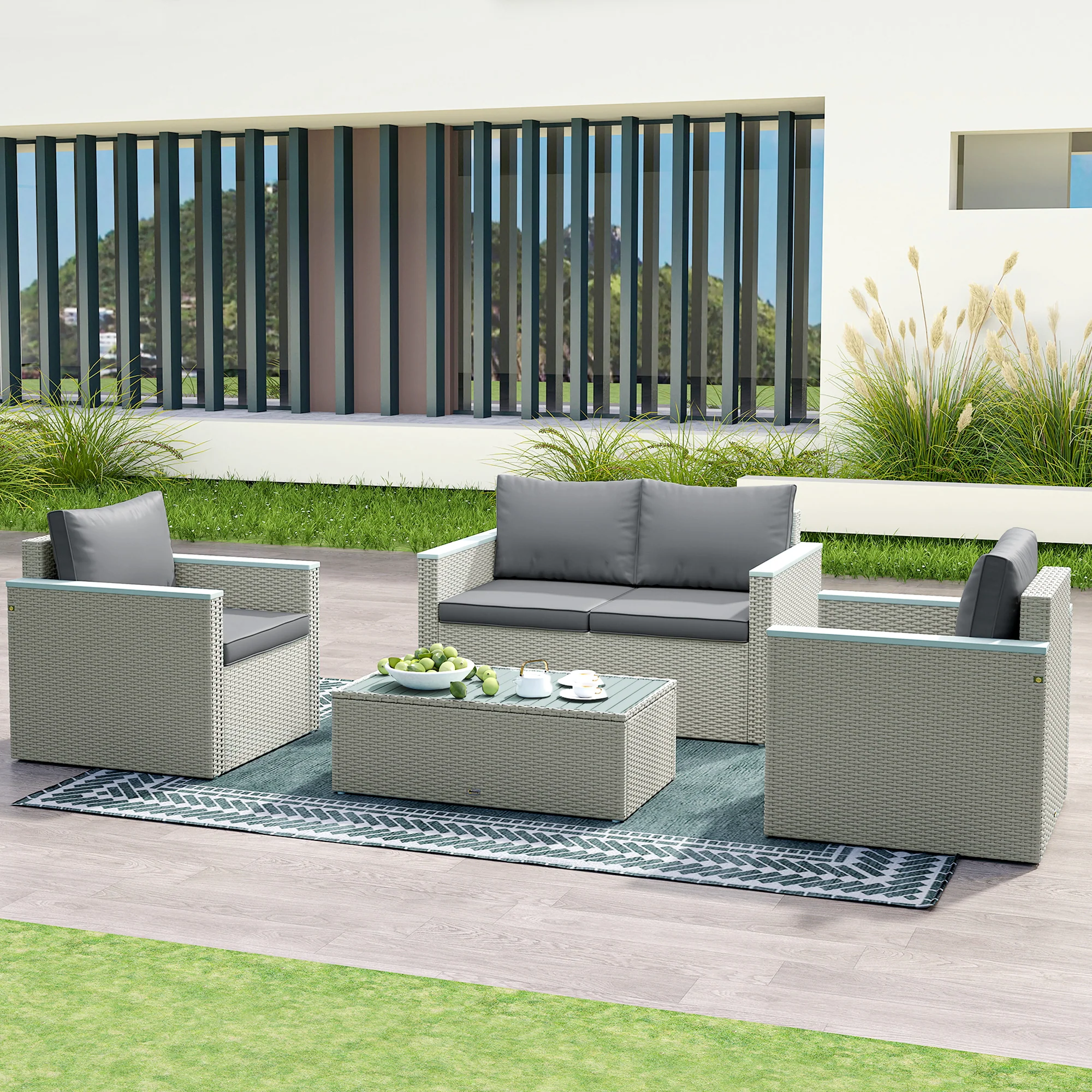 Outsunny 4 Piece Rattan Garden Furniture Set with Cushions, Light Grey - Image 9