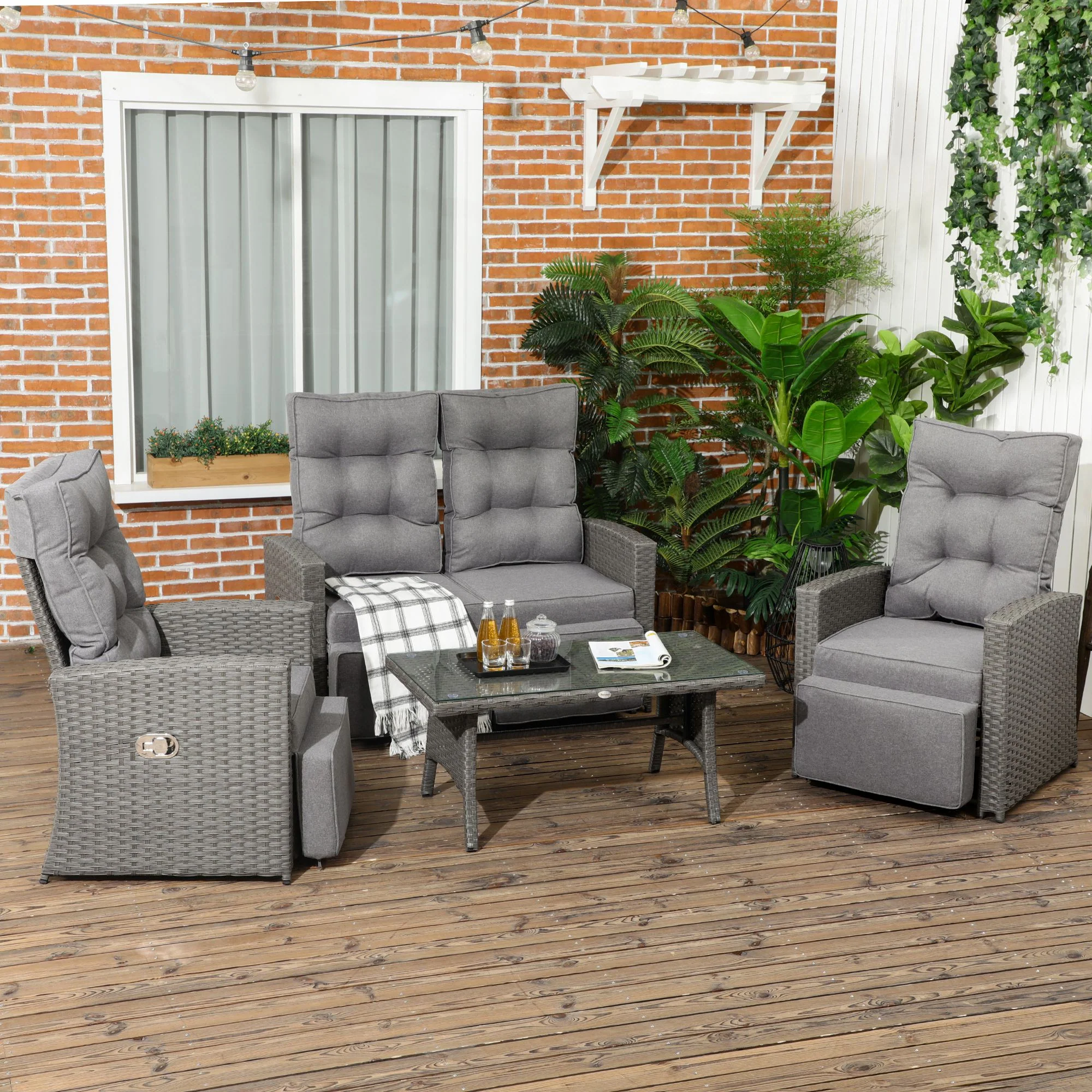 Outsunny 4 Piece Rattan Garden Furniture Set with Sofa, Glass Table, Grey - Image 2
