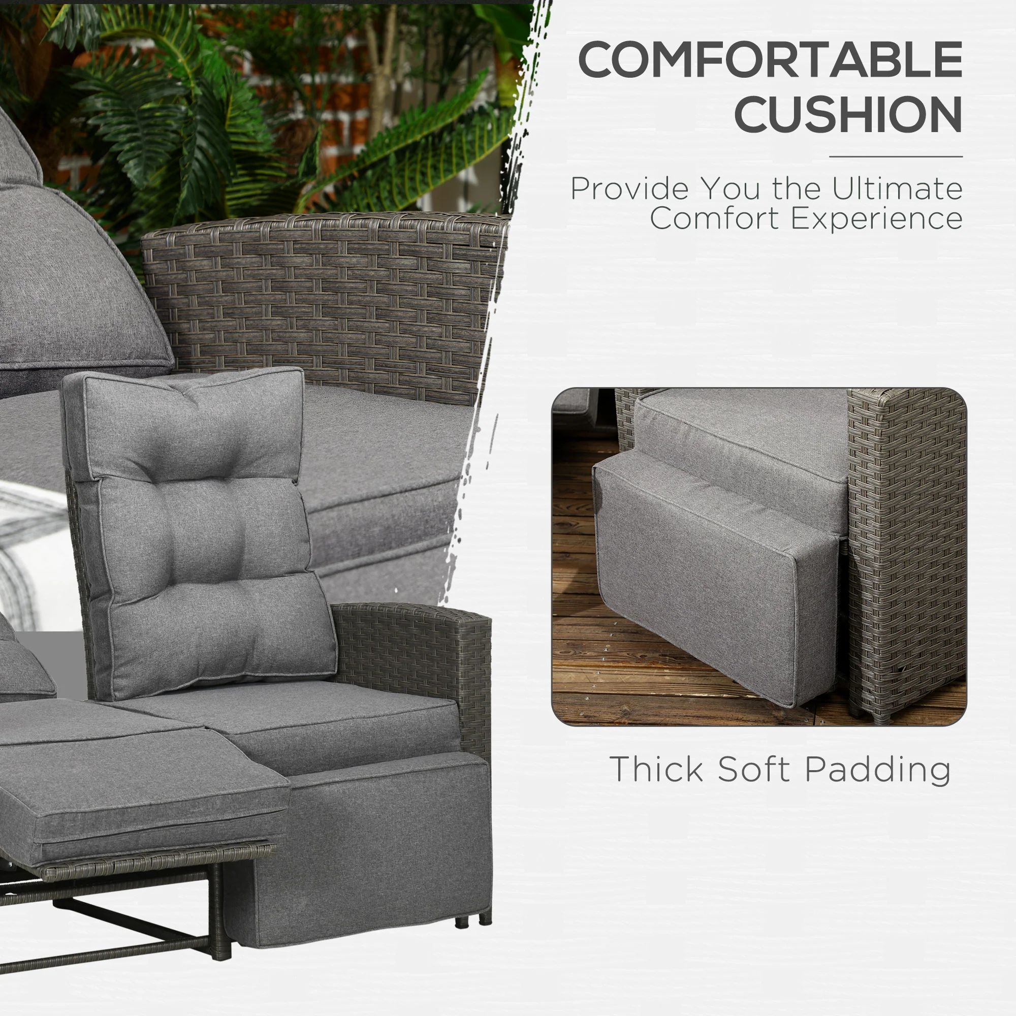 Outsunny 4 Piece Rattan Garden Furniture Set with Sofa, Glass Table, Grey - Image 4