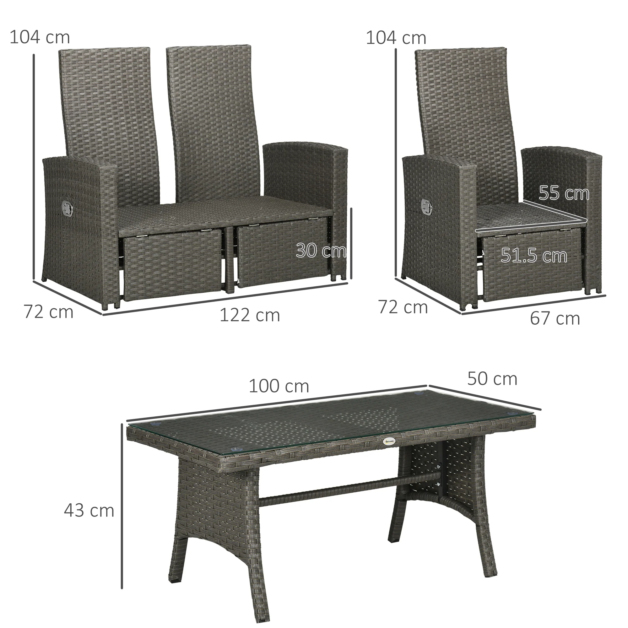 Outsunny 4 Piece Rattan Garden Furniture Set with Sofa, Glass Table, Grey - Image 5