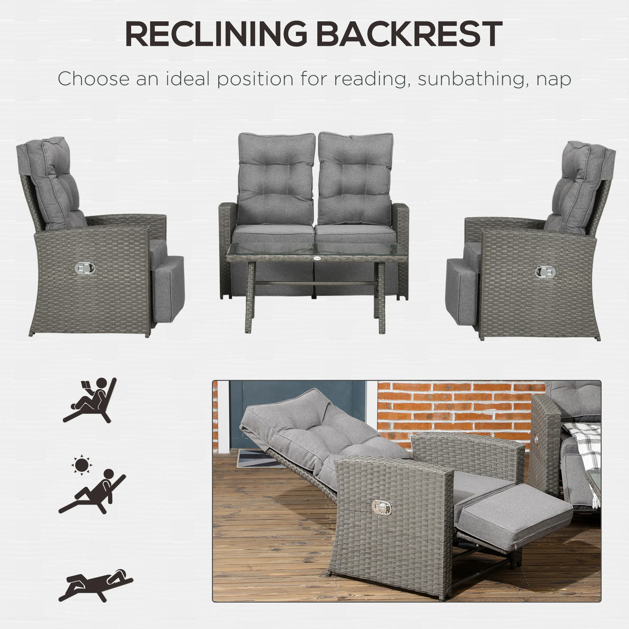 Outsunny 4 Piece Rattan Garden Furniture Set with Sofa, Glass Table, Grey - Image 6