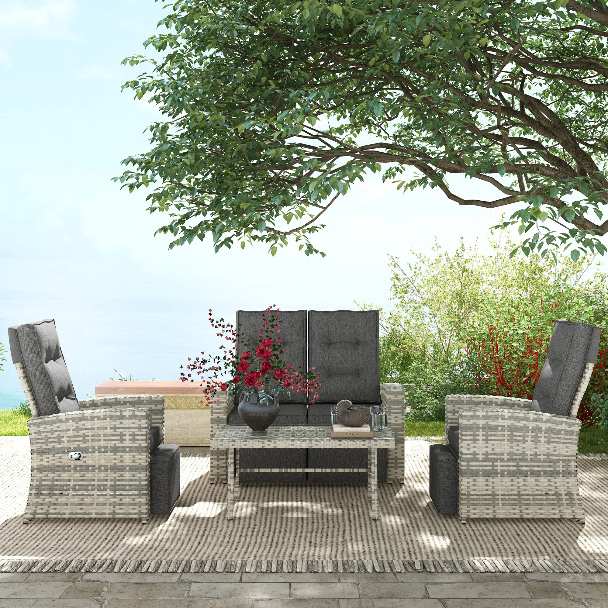 Outsunny 4 Piece Rattan Garden Furniture Set with Sofa, Glass Table, Light Grey - Image 2
