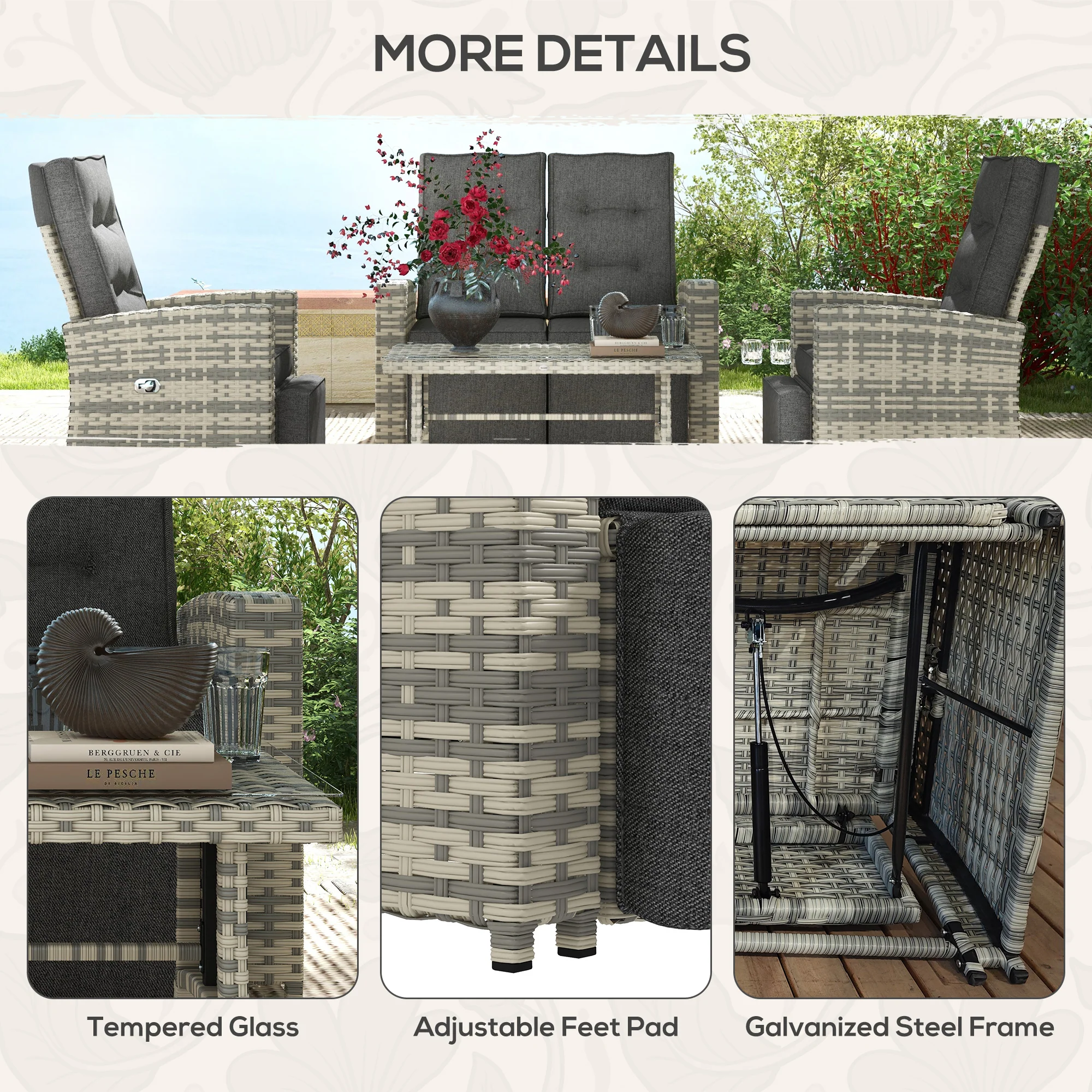 Outsunny 4 Piece Rattan Garden Furniture Set with Sofa, Glass Table, Light Grey - Image 7