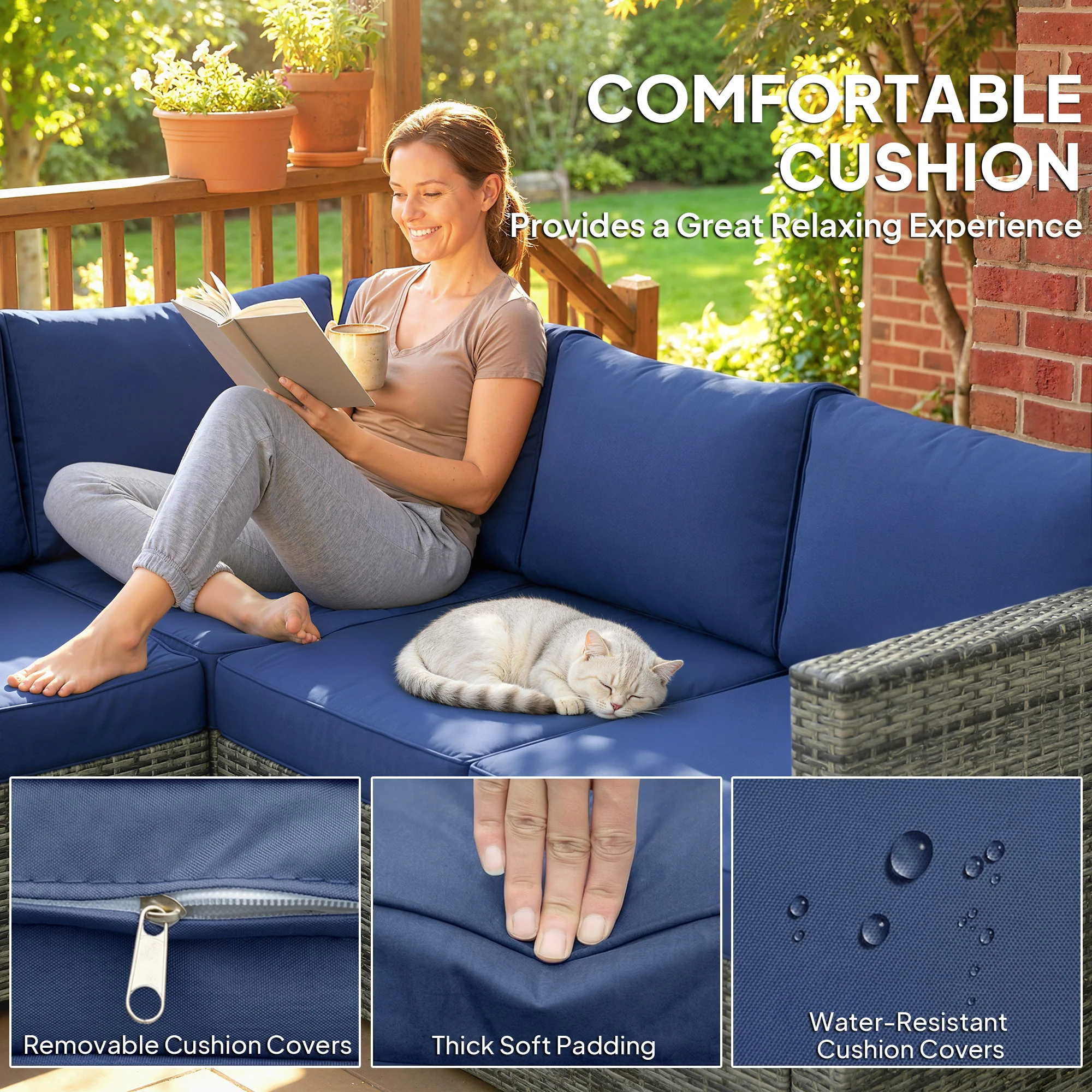 Outsunny 4 Pieces Rattan Garden Furniture Sofa Set with Coffee Table Blue - Image 5