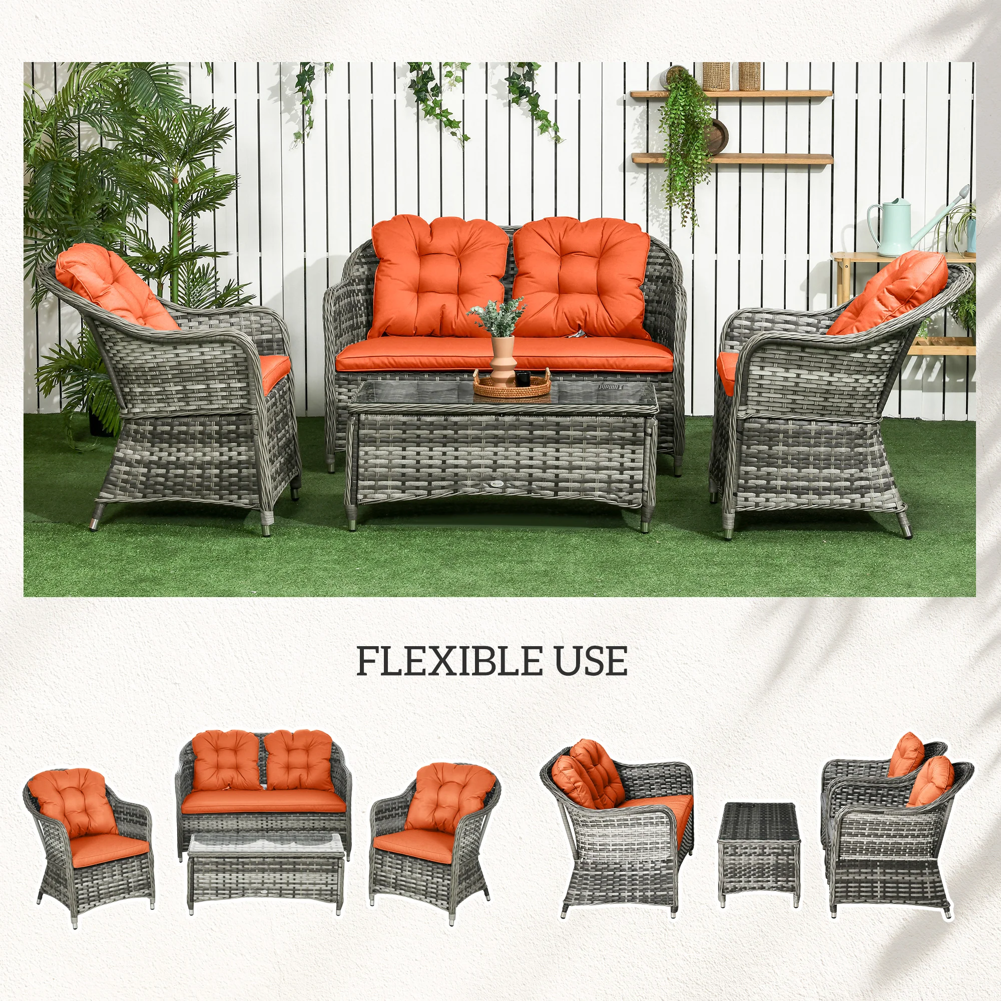 Outsunny 4 Pieces Rattan Sofa Set Outdoor Conservatory Furniture With Cushions - Image 16