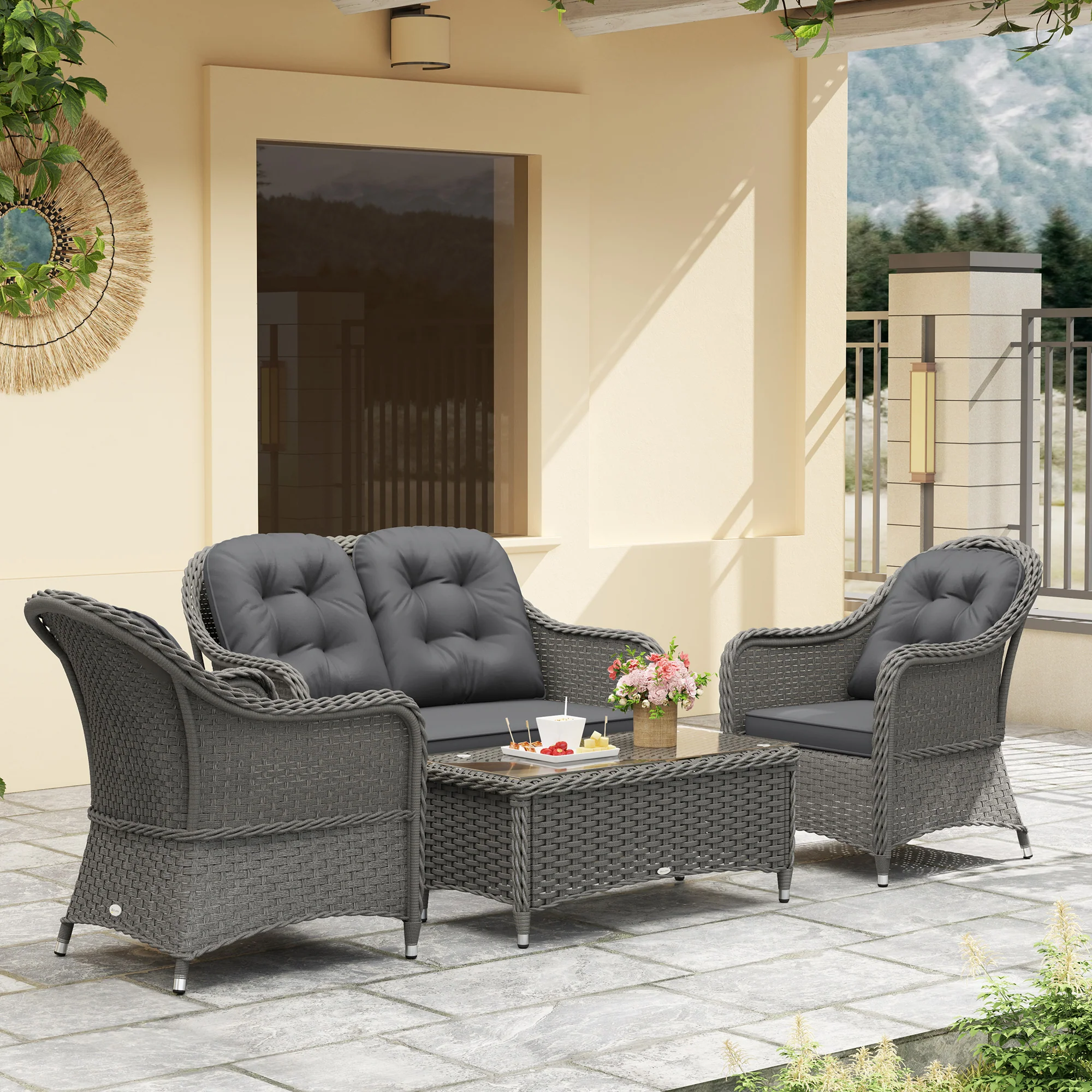 Outsunny 4 Pieces Rattan Sofa Set Outdoor Conservatory Furniture With Cushions - Image 2
