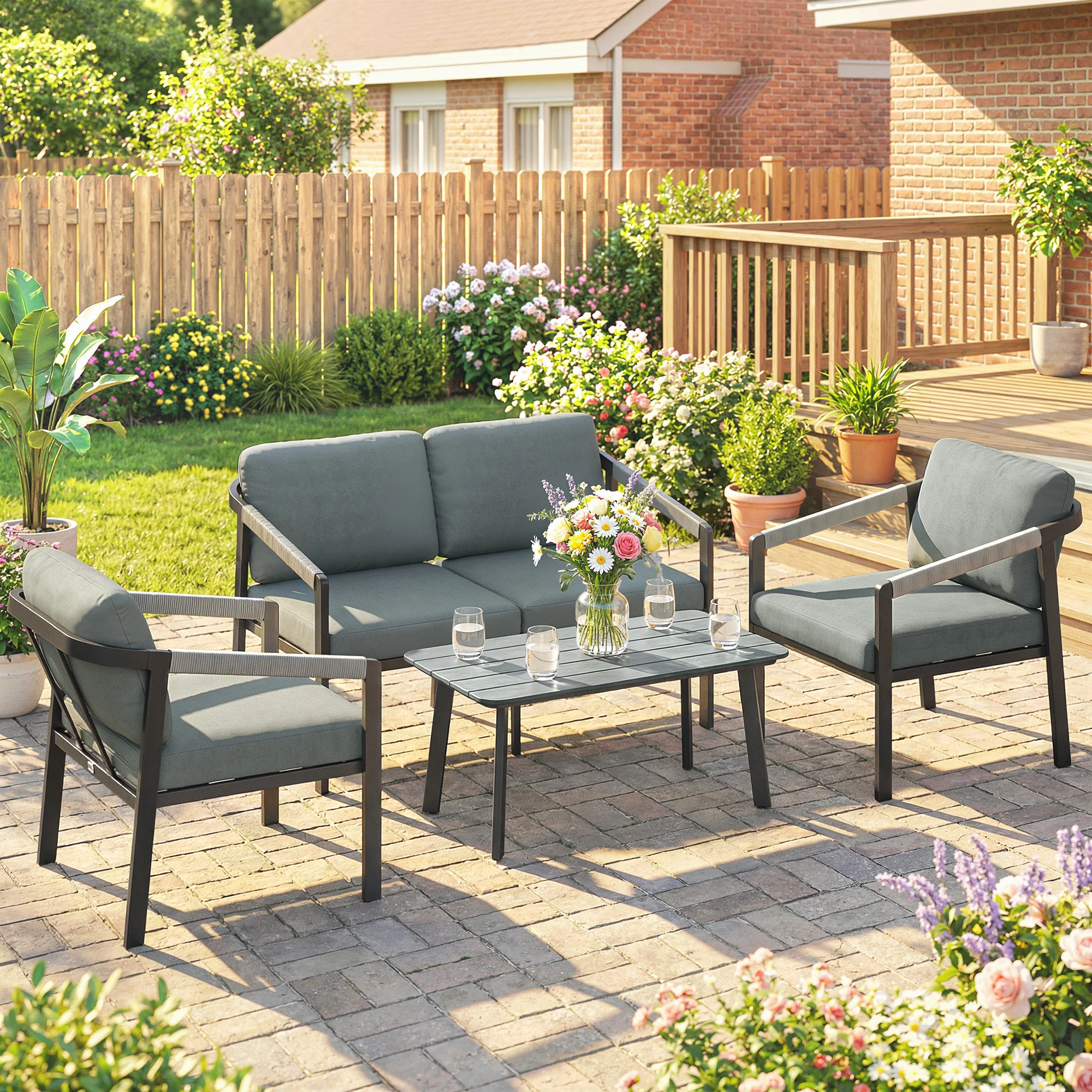 Outsunny 4 Seater Aluminium Garden Furniture Set, Outdoor Patio Furniture - Image 2