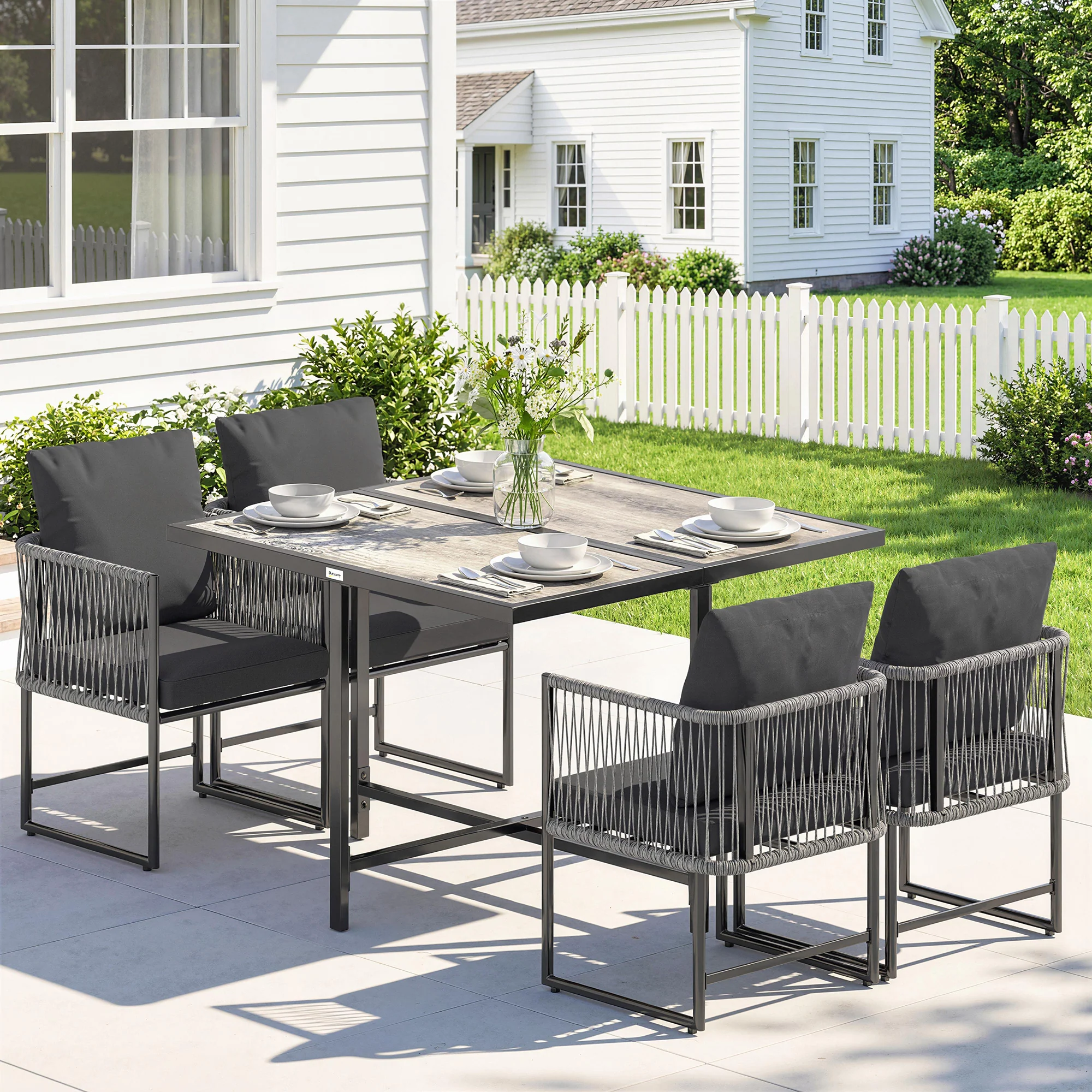 Outsunny 4-Seater Garden Dining Set With Space-Saving Chairs, Black - Image 2