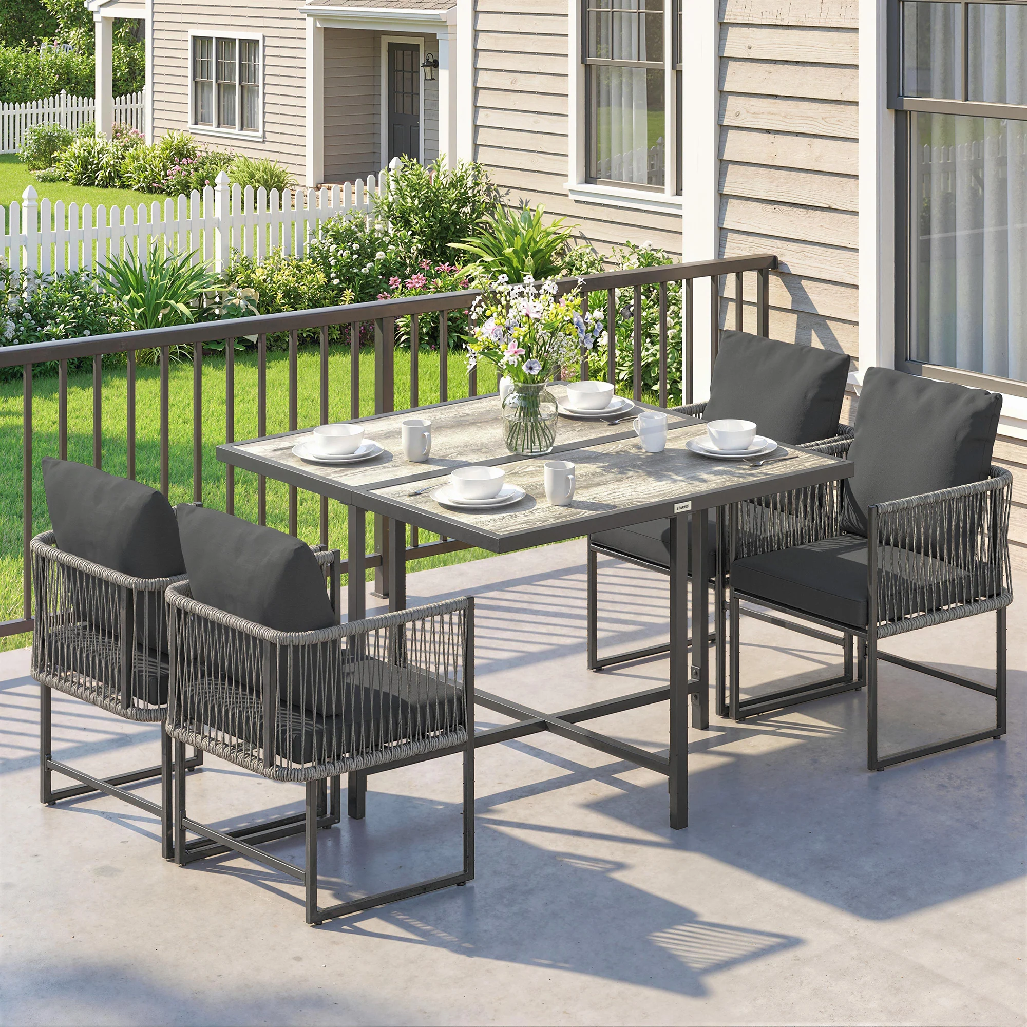Outsunny 4-Seater Garden Dining Set With Space-Saving Chairs, Black - Image 9