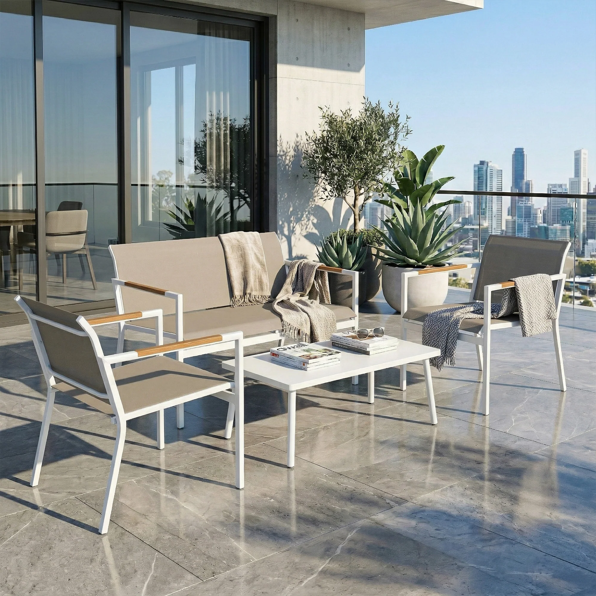 Outsunny 4 Seater Garden Furniture Set, Metal Garden Sofa Set, Khaki - Image 2