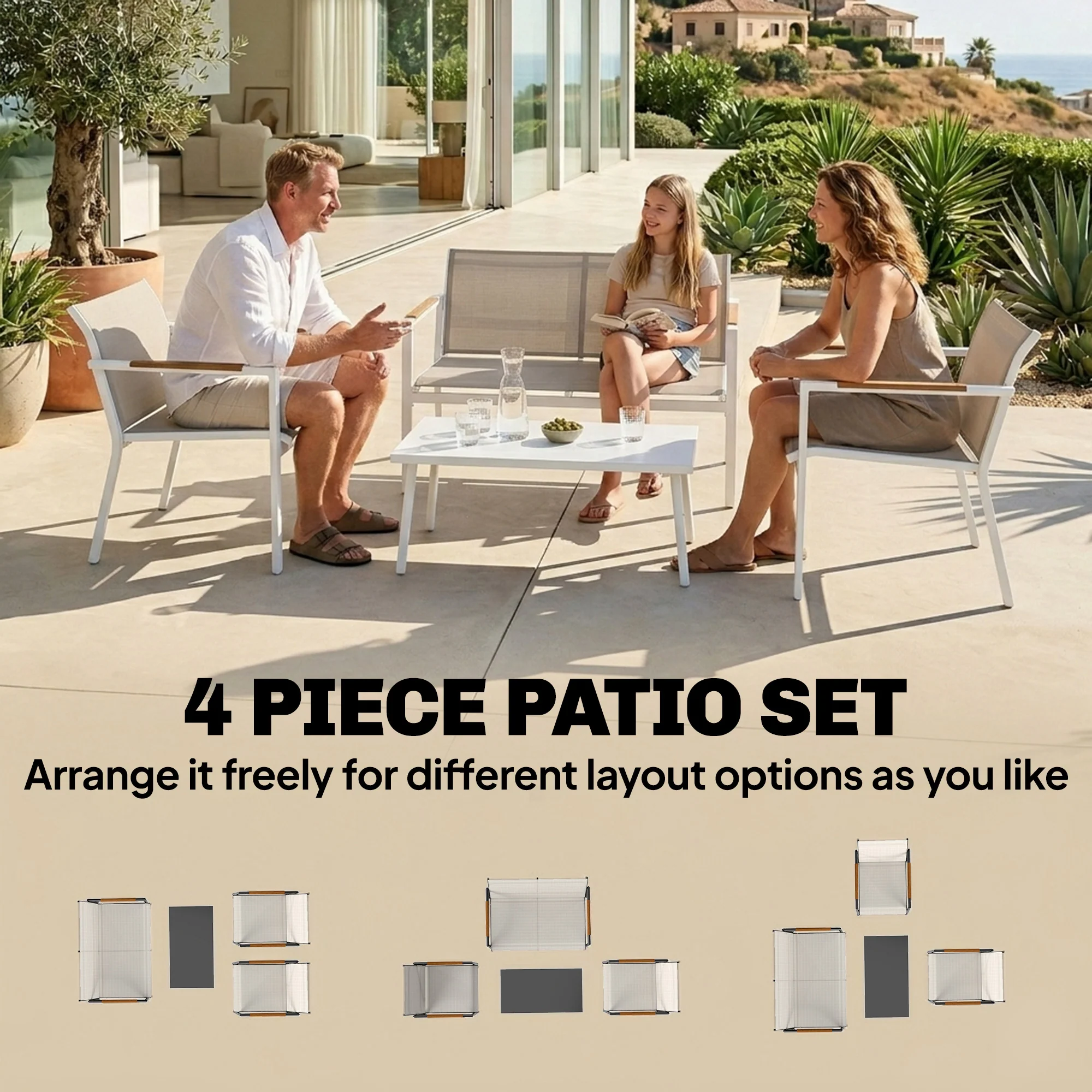 Outsunny 4 Seater Garden Furniture Set, Metal Garden Sofa Set, Khaki - Image 3