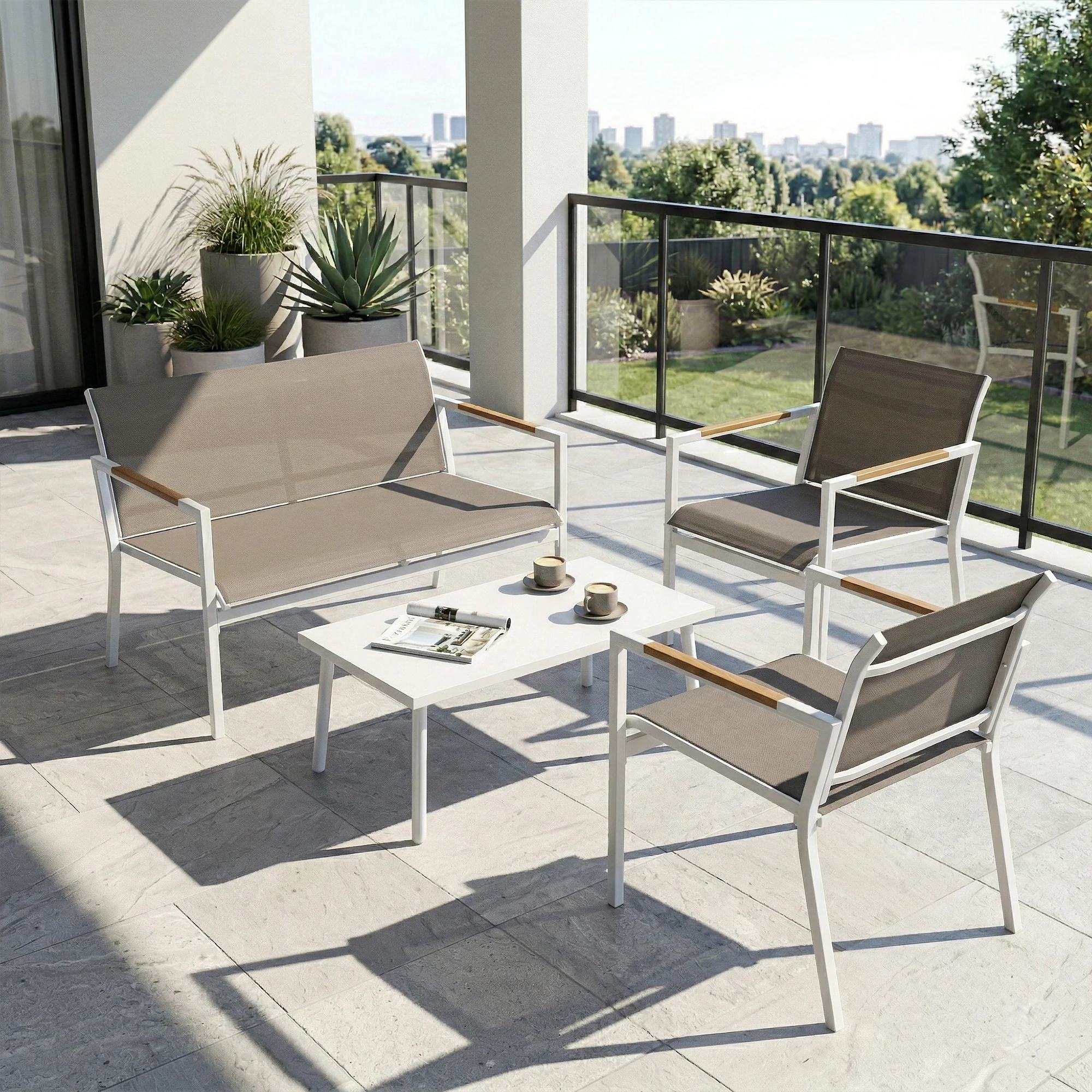 Outsunny 4 Seater Garden Furniture Set, Metal Garden Sofa Set, Khaki - Image 9