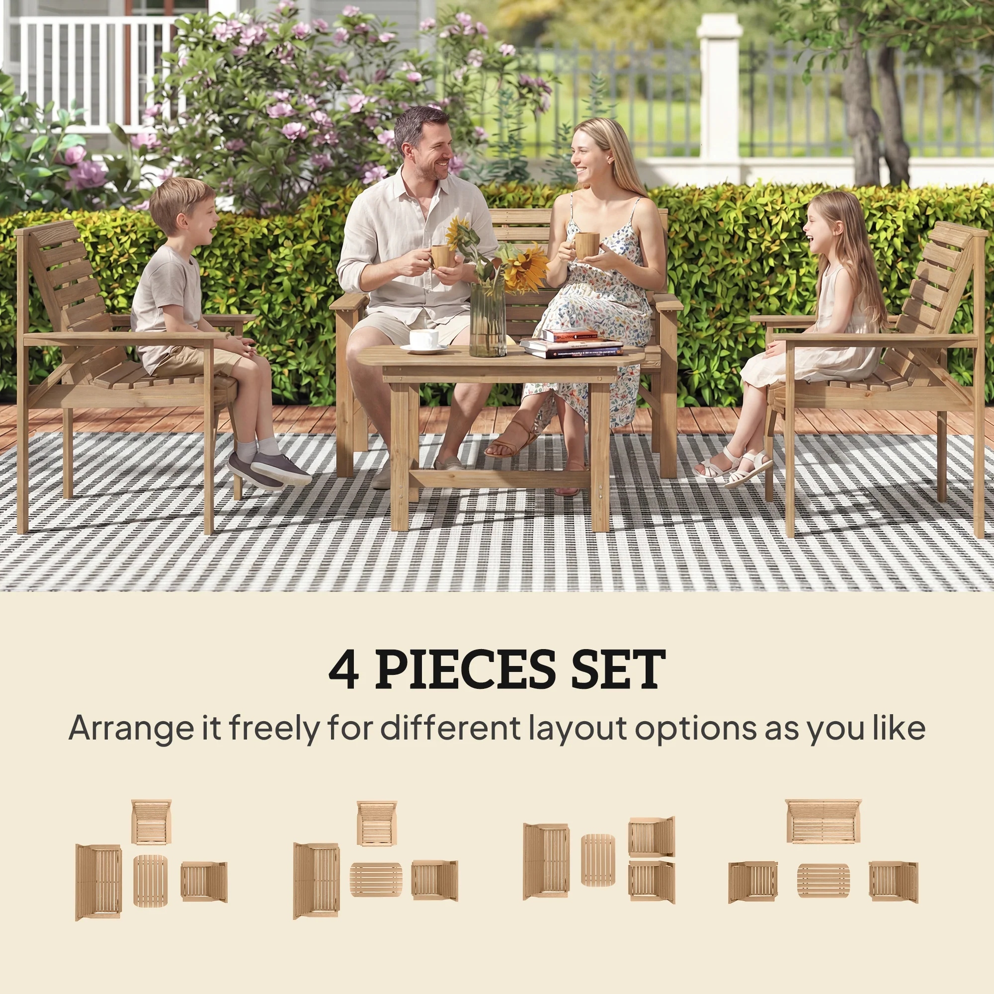 Outsunny 4 Seater Garden Furniture Sofa Set with Curved Seat, Natural Wood - Image 4