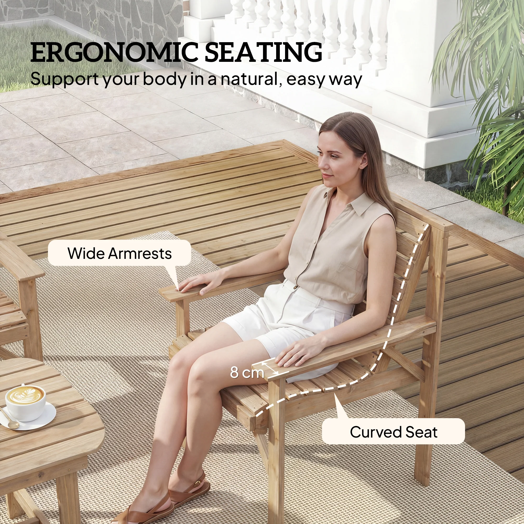 Outsunny 4 Seater Garden Furniture Sofa Set with Curved Seat, Natural Wood - Image 6