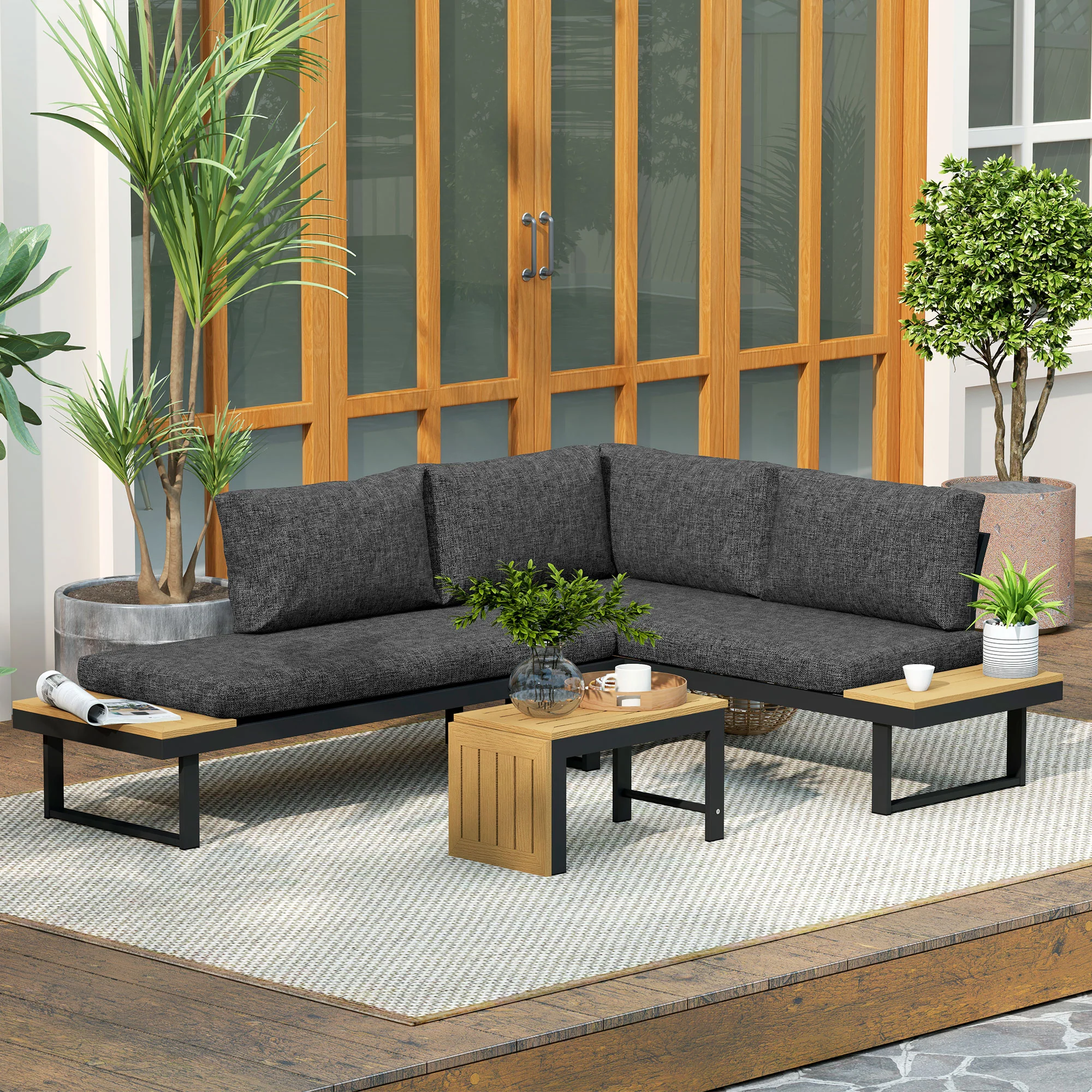 Outsunny 4 Seater L Shaped Aluminium Garden Furniture Set with Coffee Table - Image 9