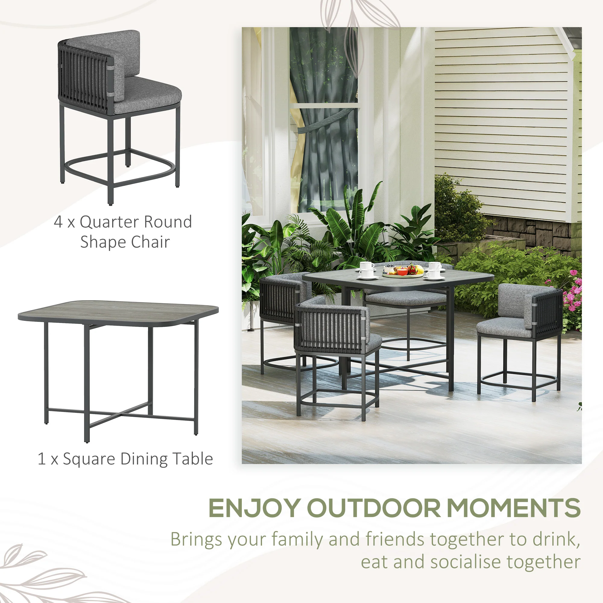 Outsunny 4 Seater Rattan Dining Set with Cushions, Charcoal Grey - Image 3