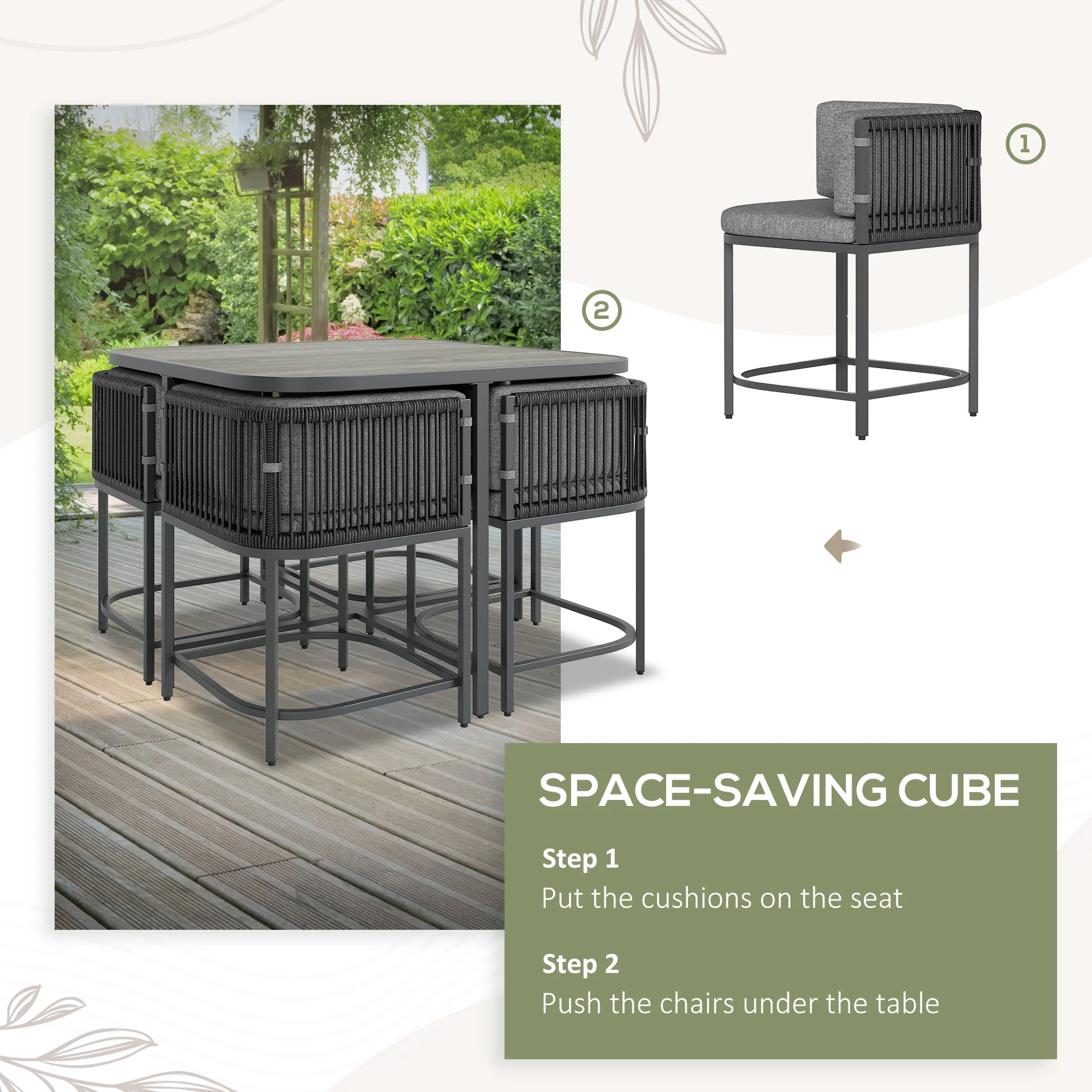 Outsunny 4 Seater Rattan Dining Set with Cushions, Charcoal Grey - Image 7