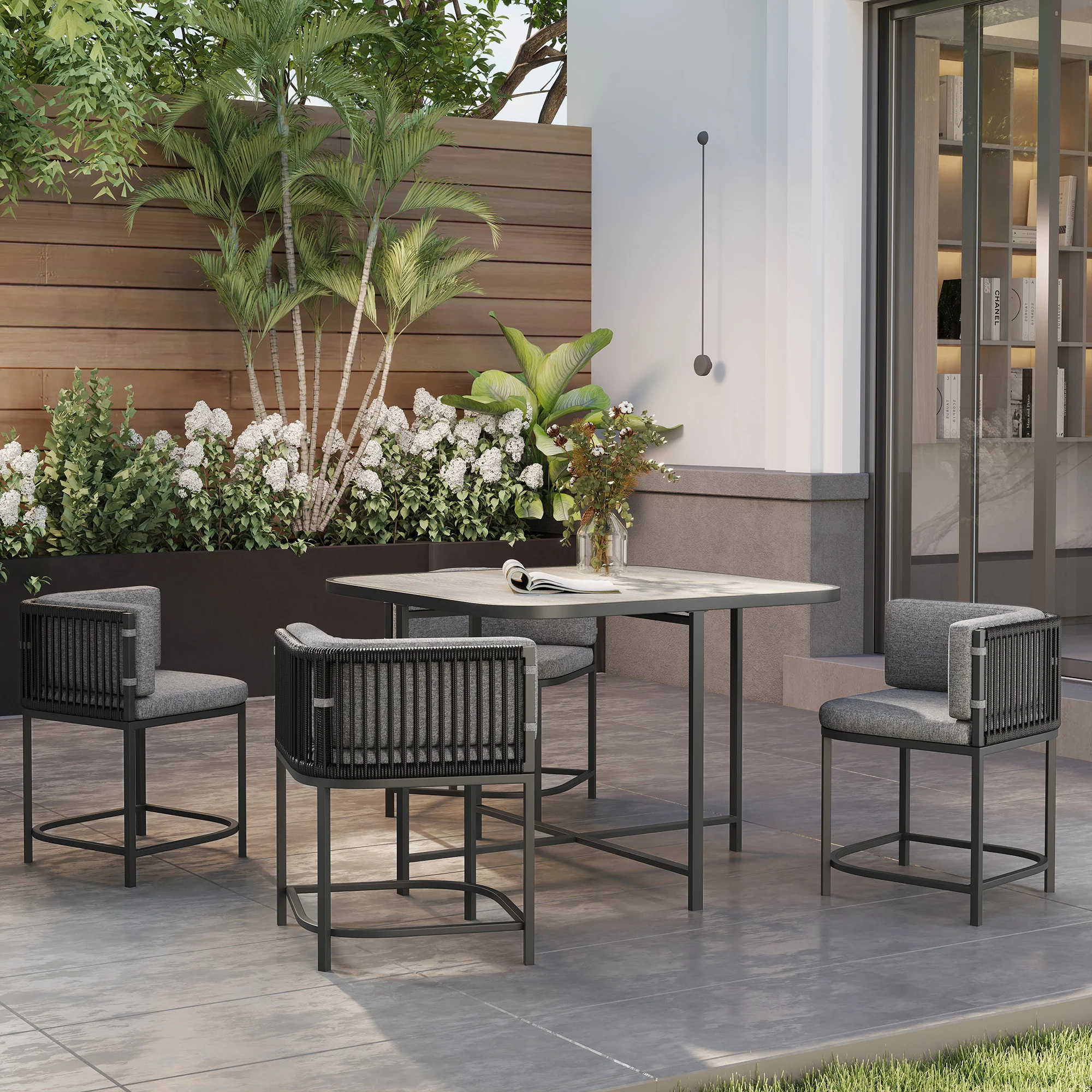 Outsunny 4 Seater Rattan Dining Set with Cushions, Charcoal Grey - Image 8