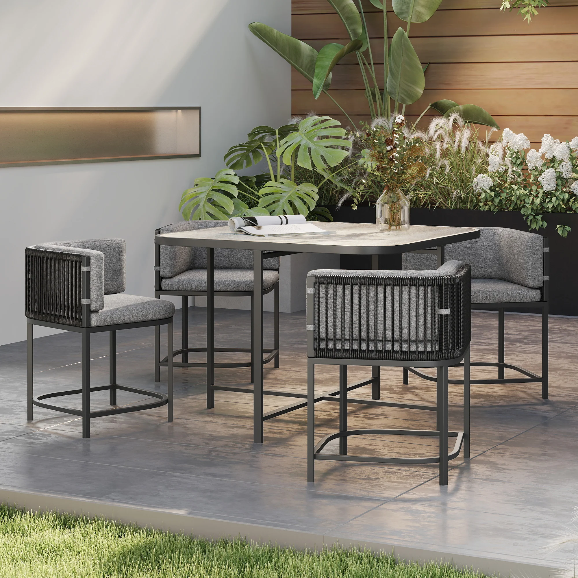 Outsunny 4 Seater Rattan Dining Set with Cushions, Charcoal Grey - Image 9