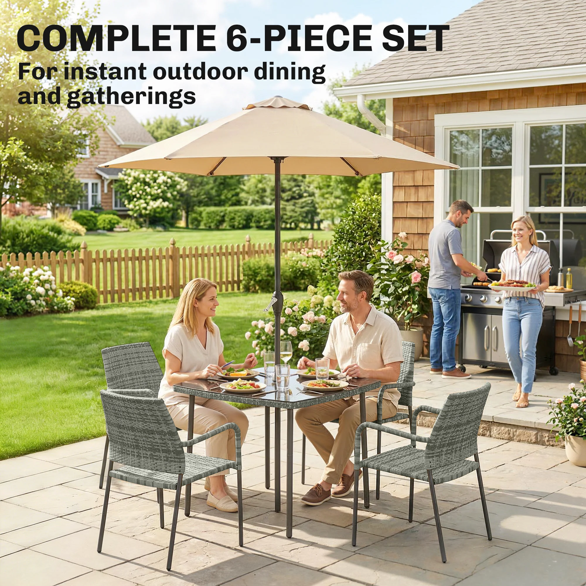 Outsunny 4 Seater Rattan Dining Set With Parasol, Light Grey - Image 3
