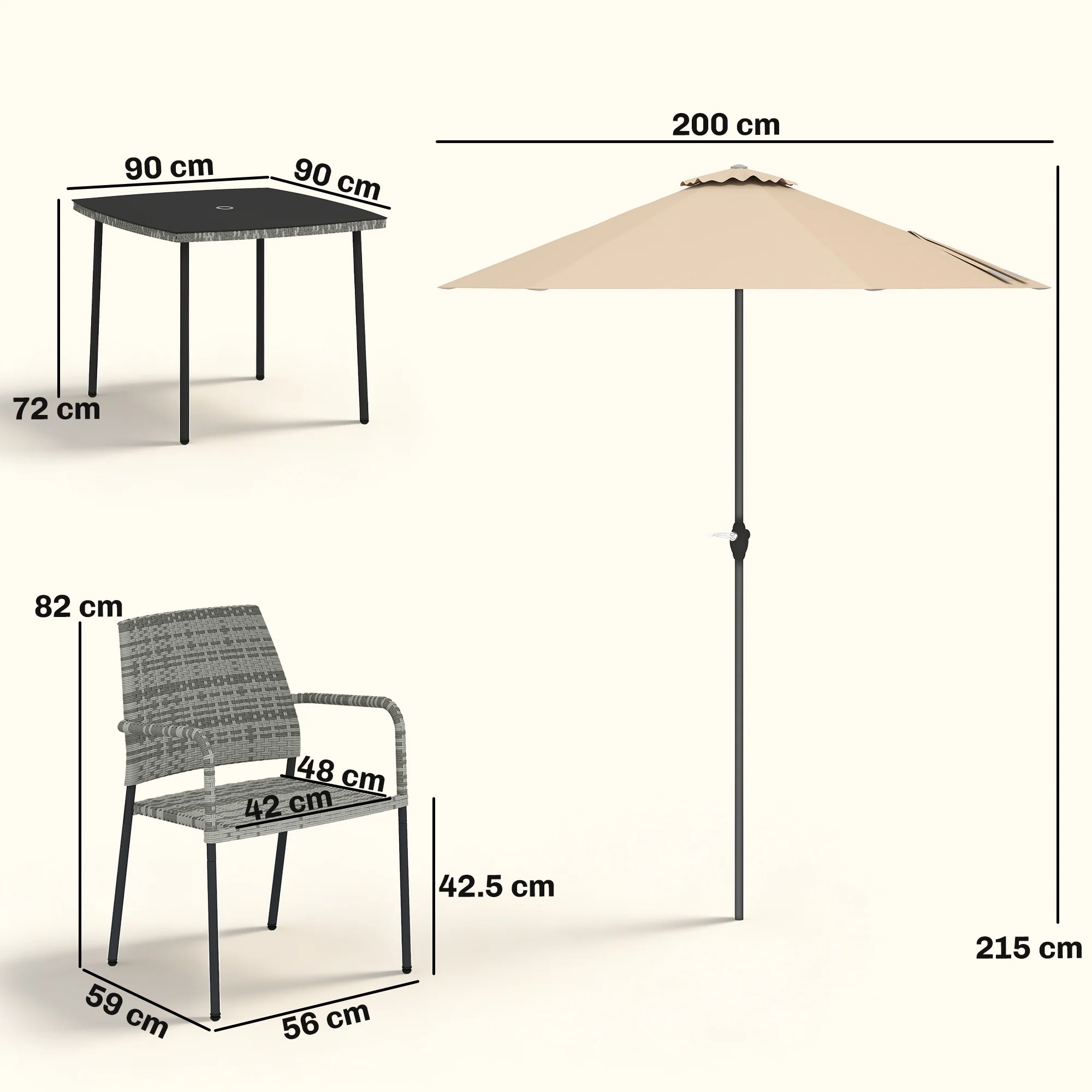 Outsunny 4 Seater Rattan Dining Set With Parasol, Light Grey - Image 5