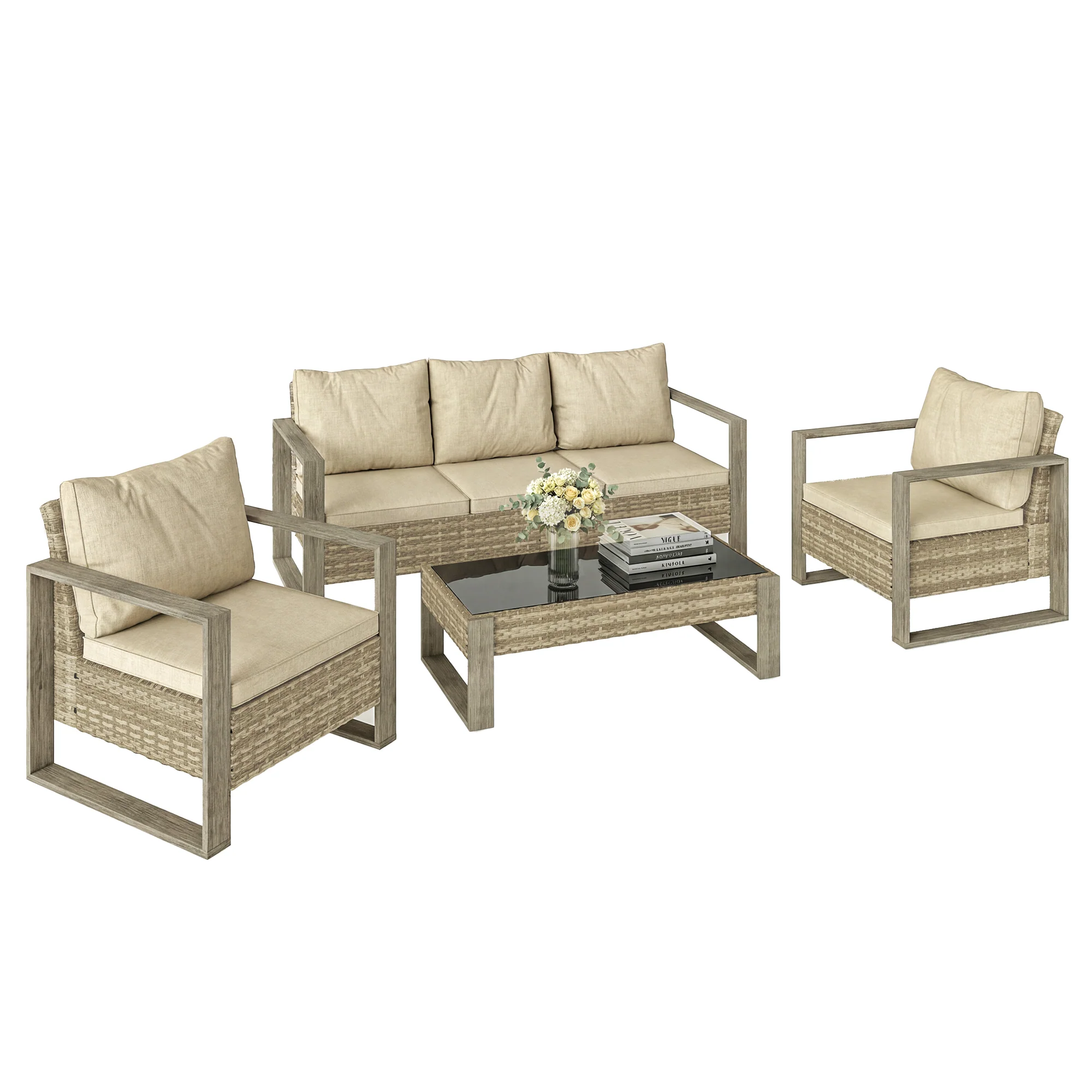 Outsunny 4 Seater Rattan Garden Furniture Set With Non-slip Mats, Khaki