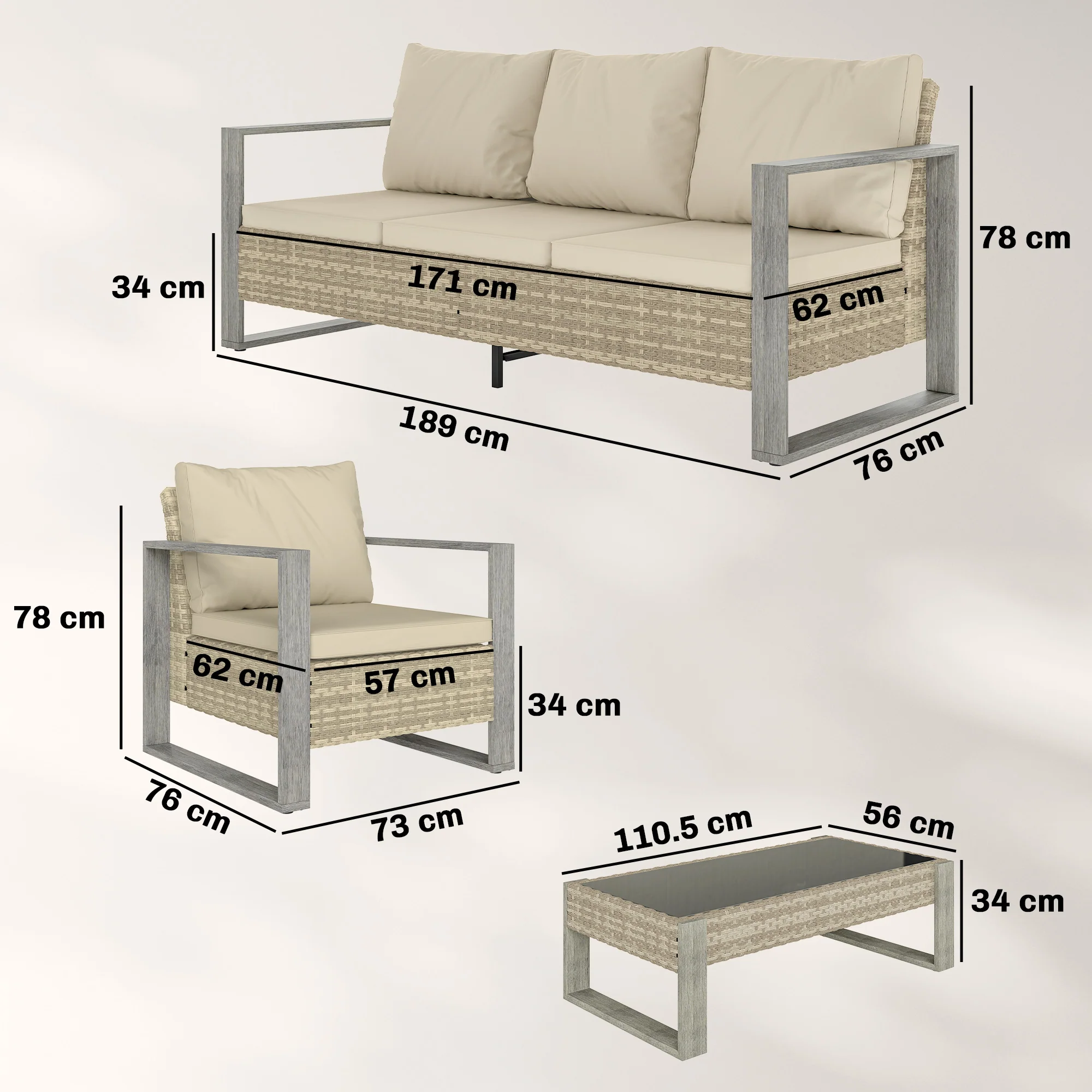 Outsunny 4 Seater Rattan Garden Furniture Set With Non-slip Mats, Khaki - Image 3