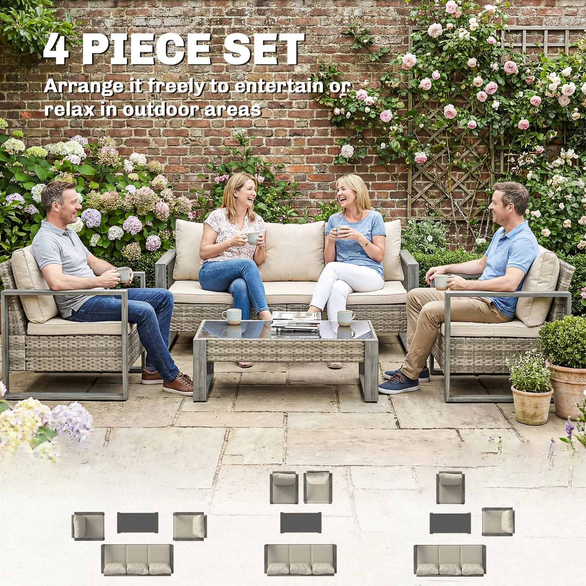 Outsunny 4 Seater Rattan Garden Furniture Set With Non-slip Mats, Khaki - Image 4