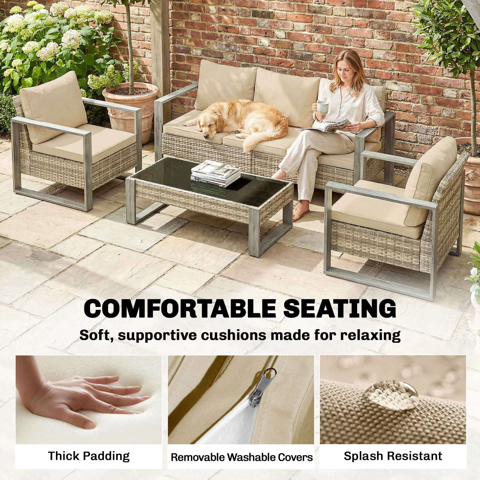 Outsunny 4 Seater Rattan Garden Furniture Set With Non-slip Mats, Khaki - Image 7