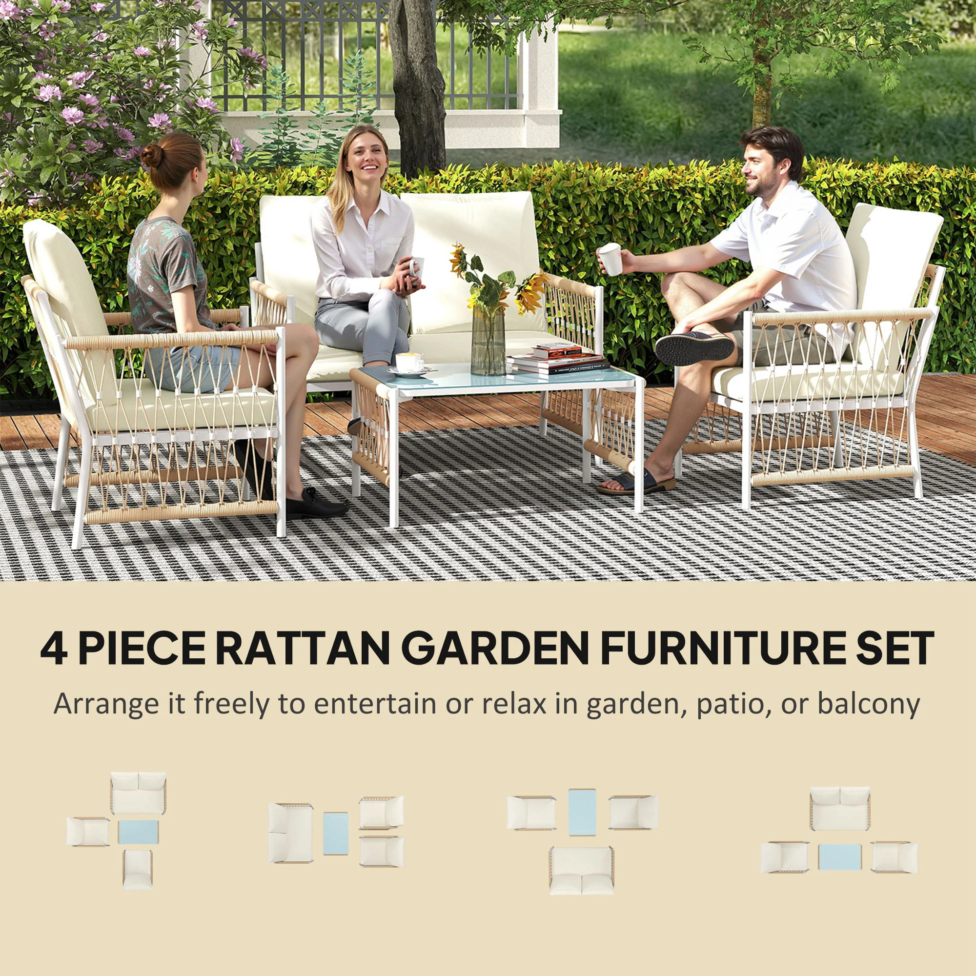 Outsunny 4 Seater Rattan Garden Sofa Set With Glass Top Coffee Table - Image 3