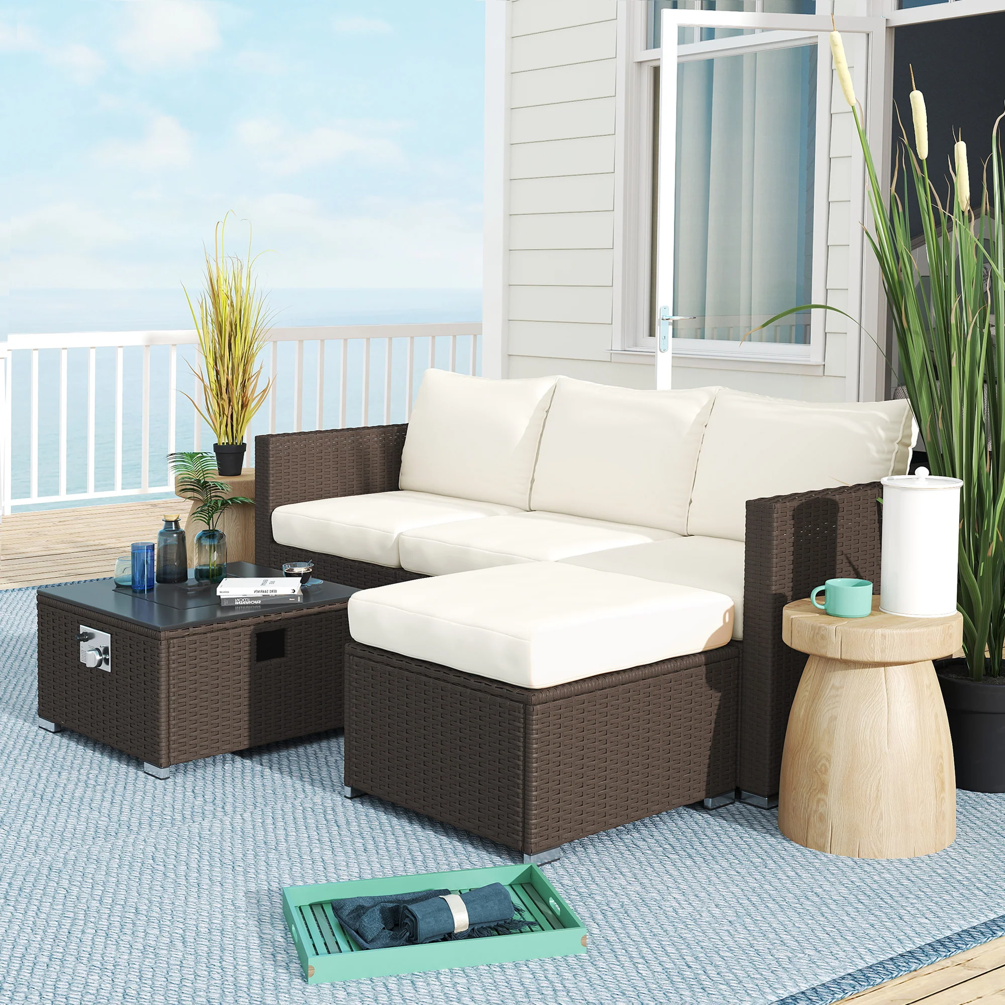 Outsunny 4 Seater Rattan Sofa Set With Footstool Thick Cushions - Image 18