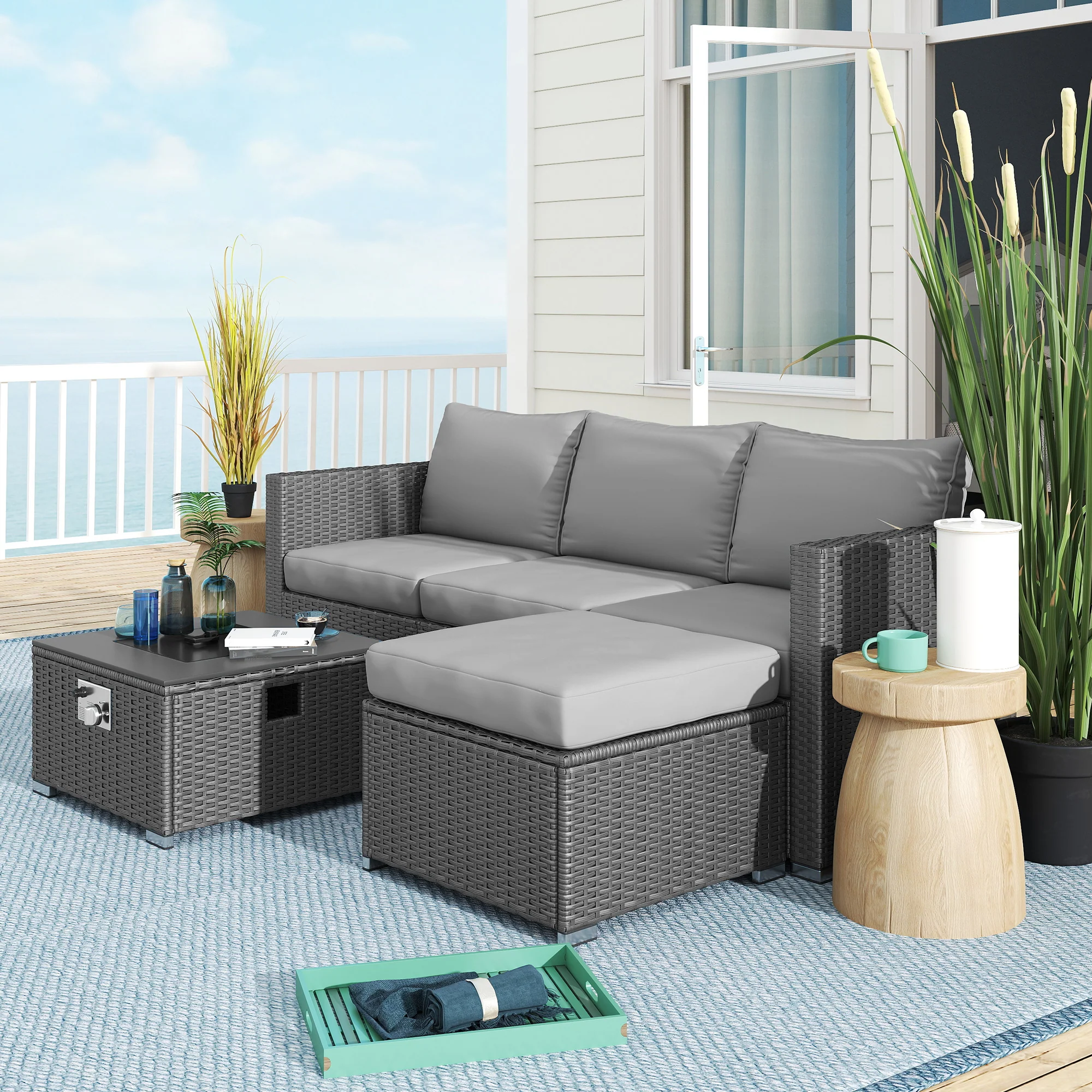 Outsunny 4 Seater Rattan Sofa Set With Footstool Thick Cushions - Image 27