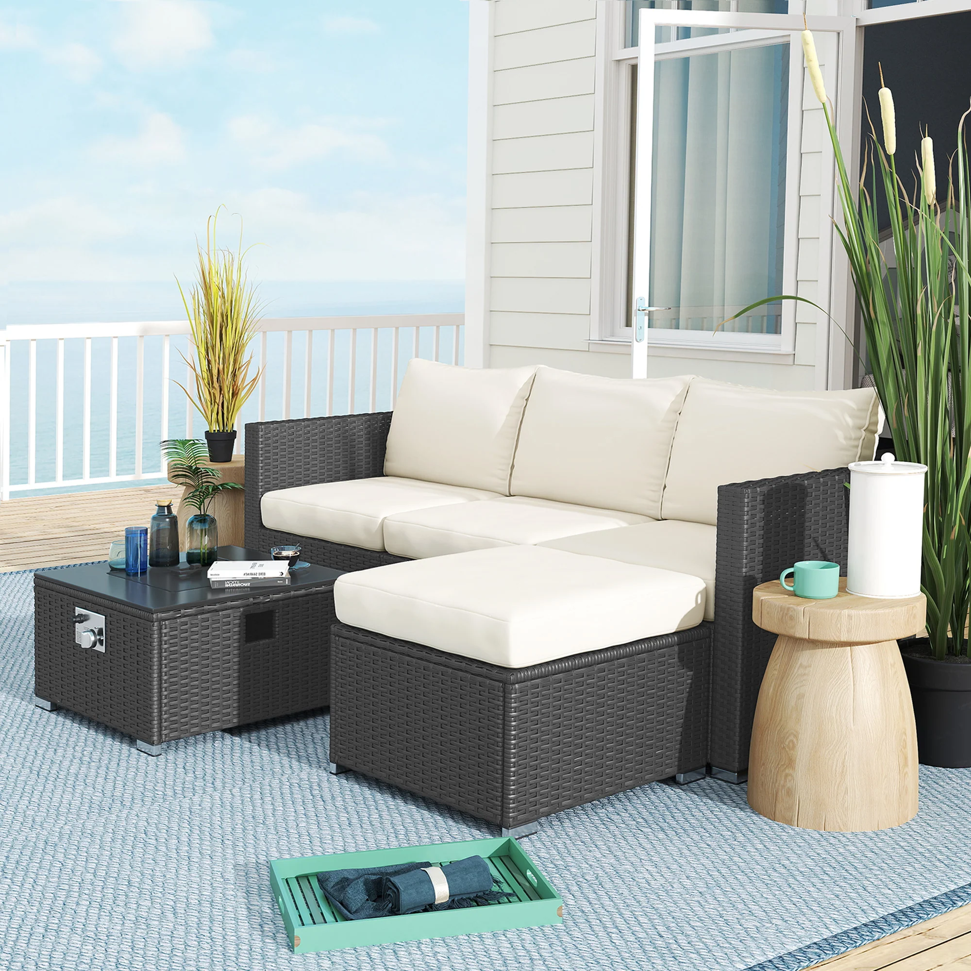 Outsunny 4 Seater Rattan Sofa Set With Footstool Thick Cushions - Image 9