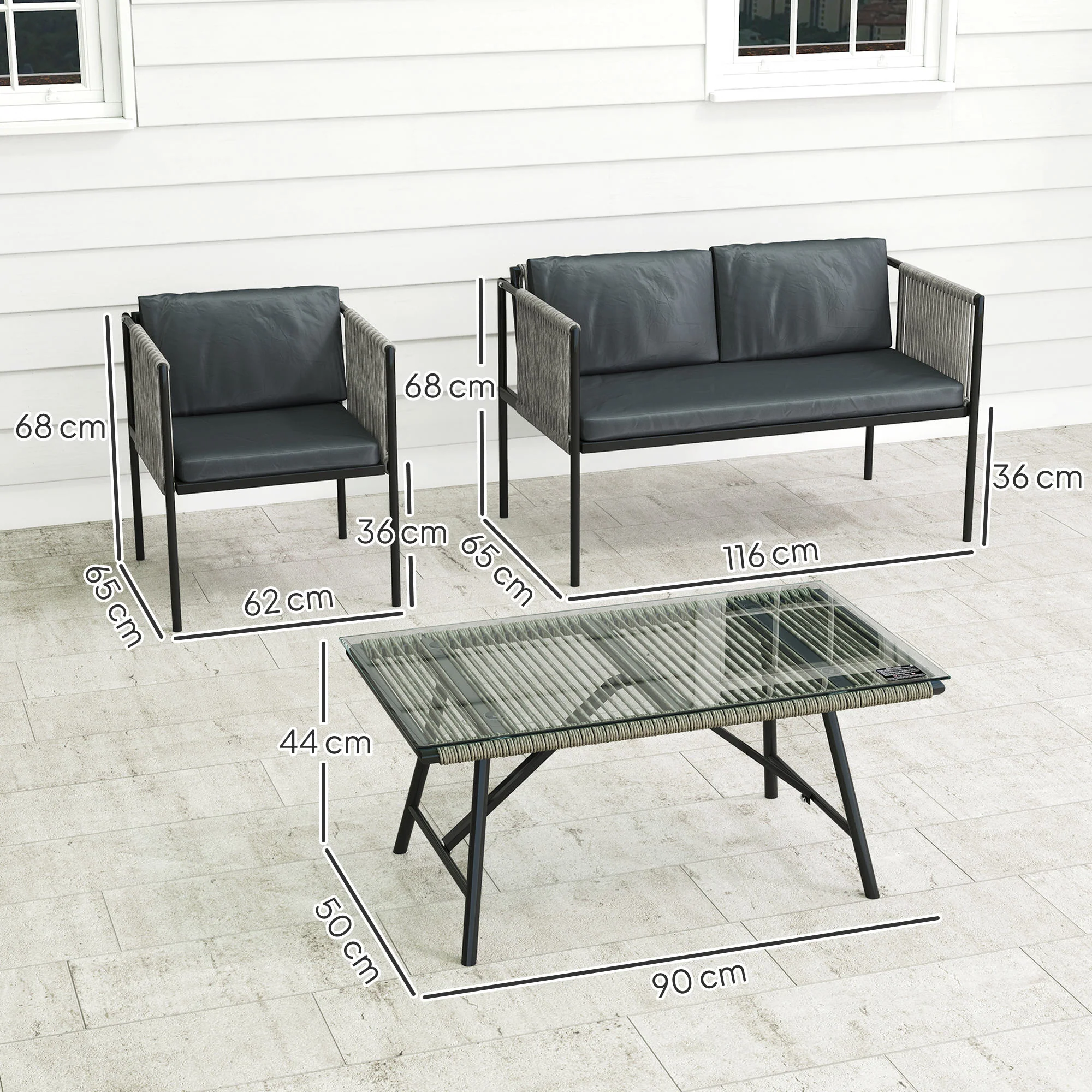 Outsunny 4 Seater Wicker Outdoor Furniture Set with Glass Coffee Table Grey - Image 5