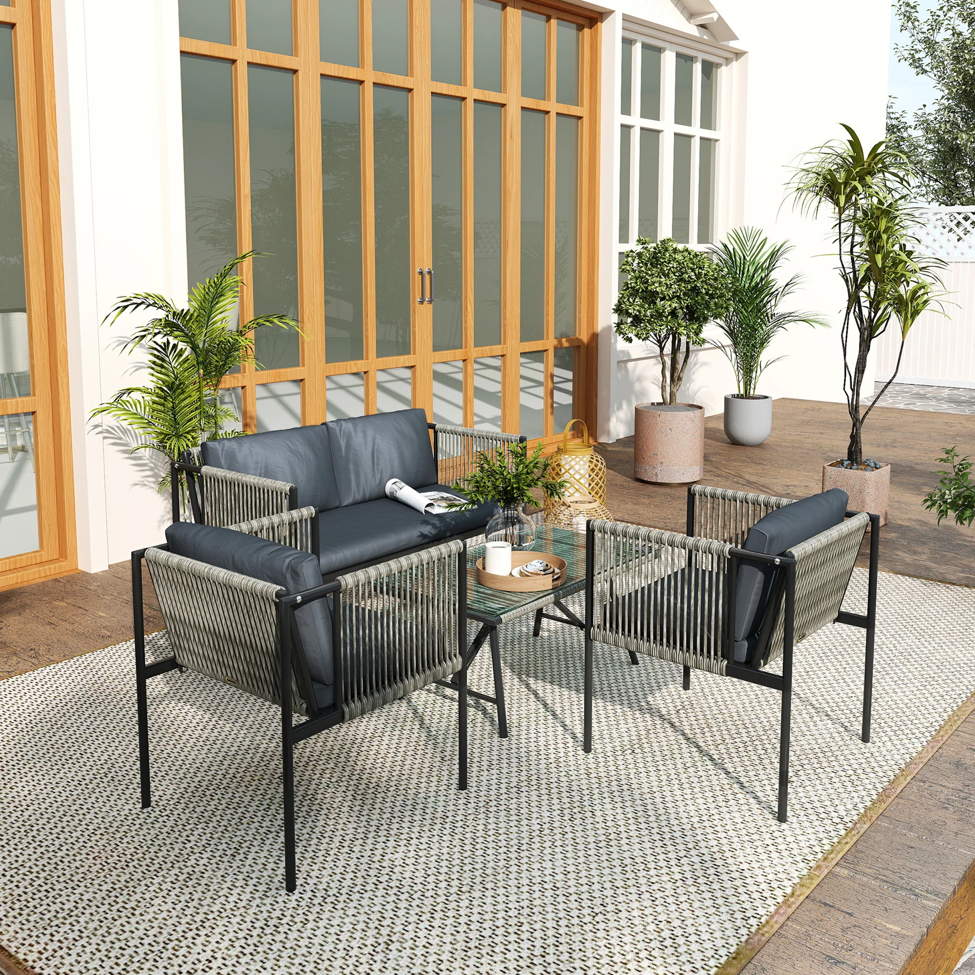 Outsunny 4 Seater Wicker Outdoor Furniture Set with Glass Coffee Table Grey - Image 8