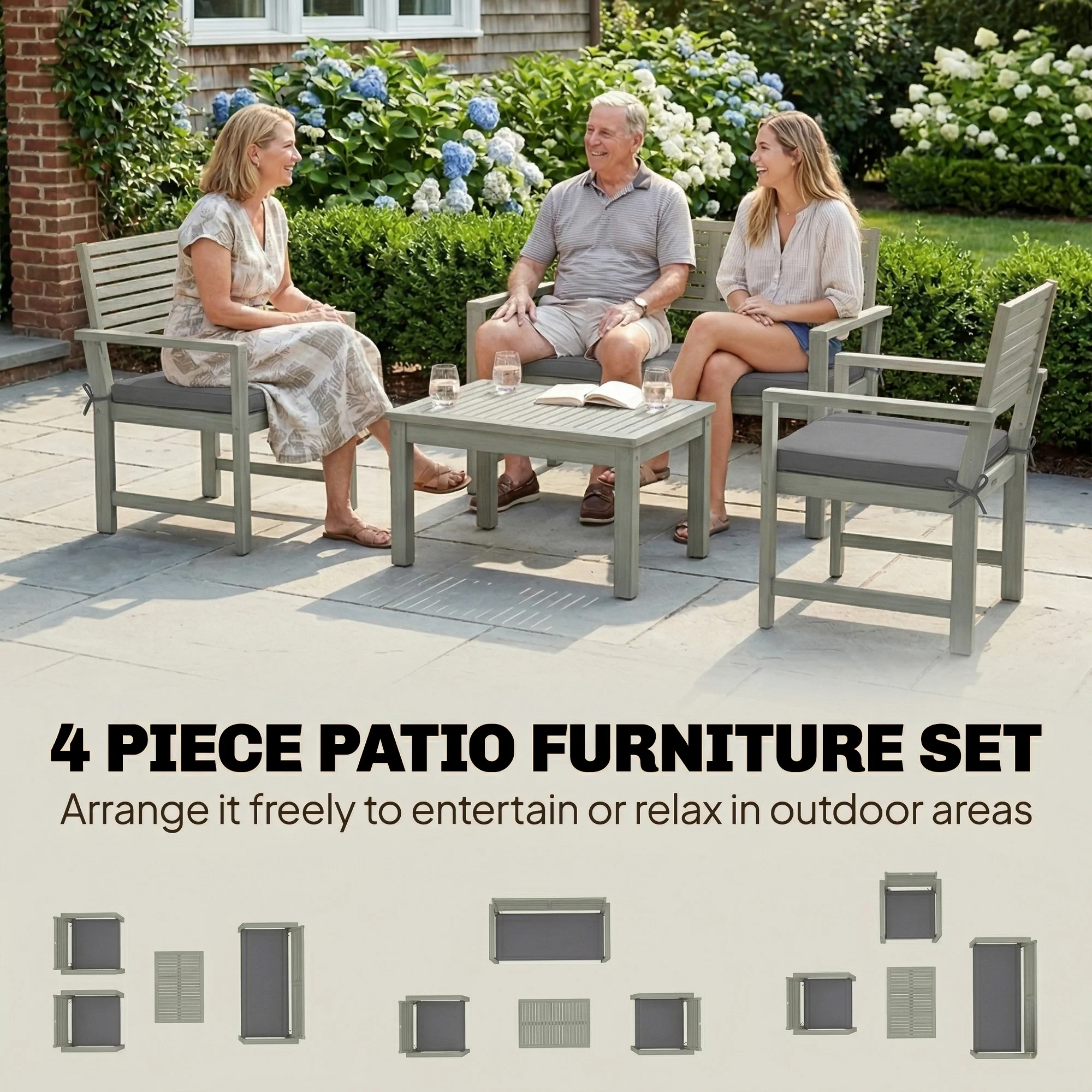 Outsunny 4 Seater Wooden Garden Furniture Set with Loveseat, Chairs, Table - Image 3
