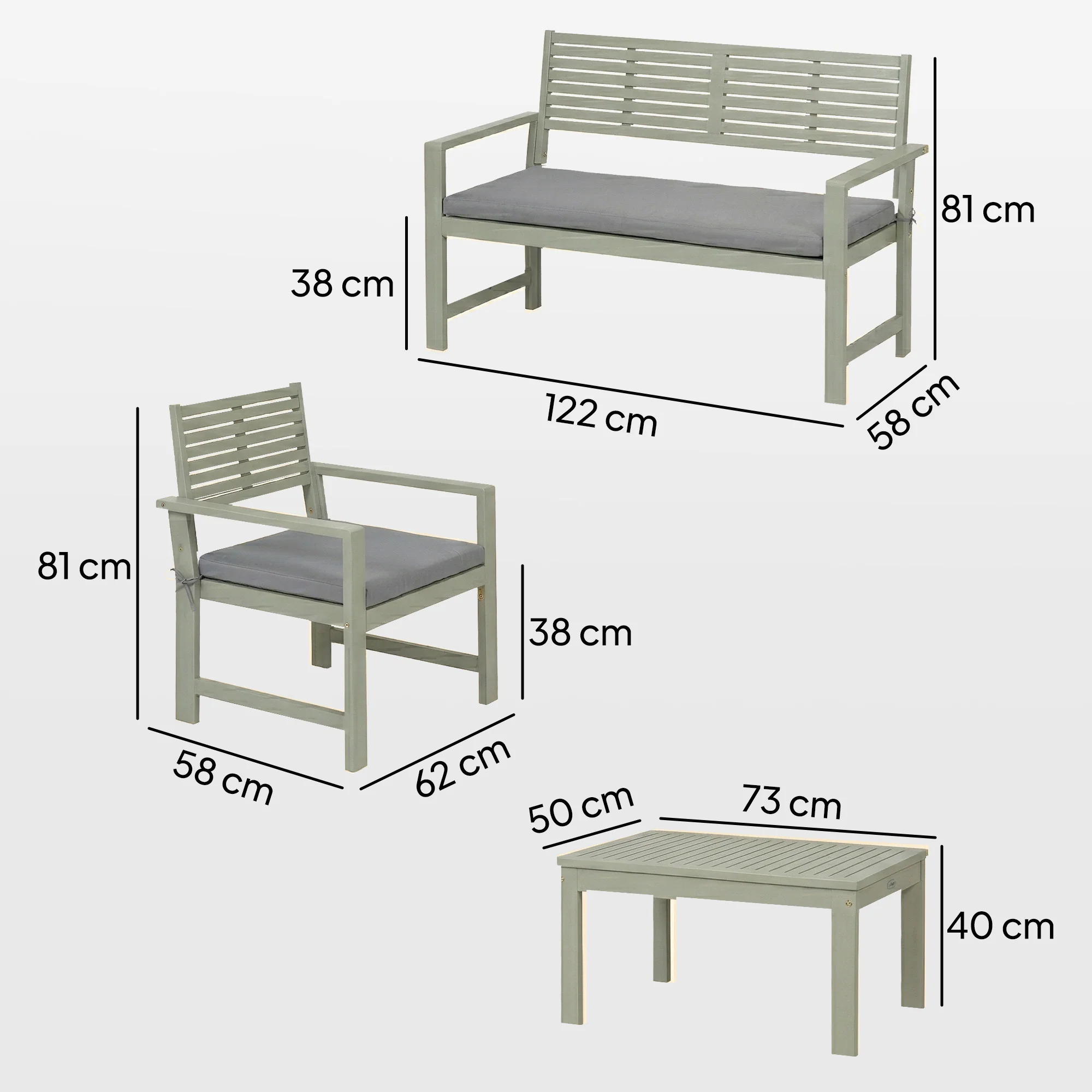 Outsunny 4 Seater Wooden Garden Furniture Set with Loveseat, Chairs, Table - Image 5