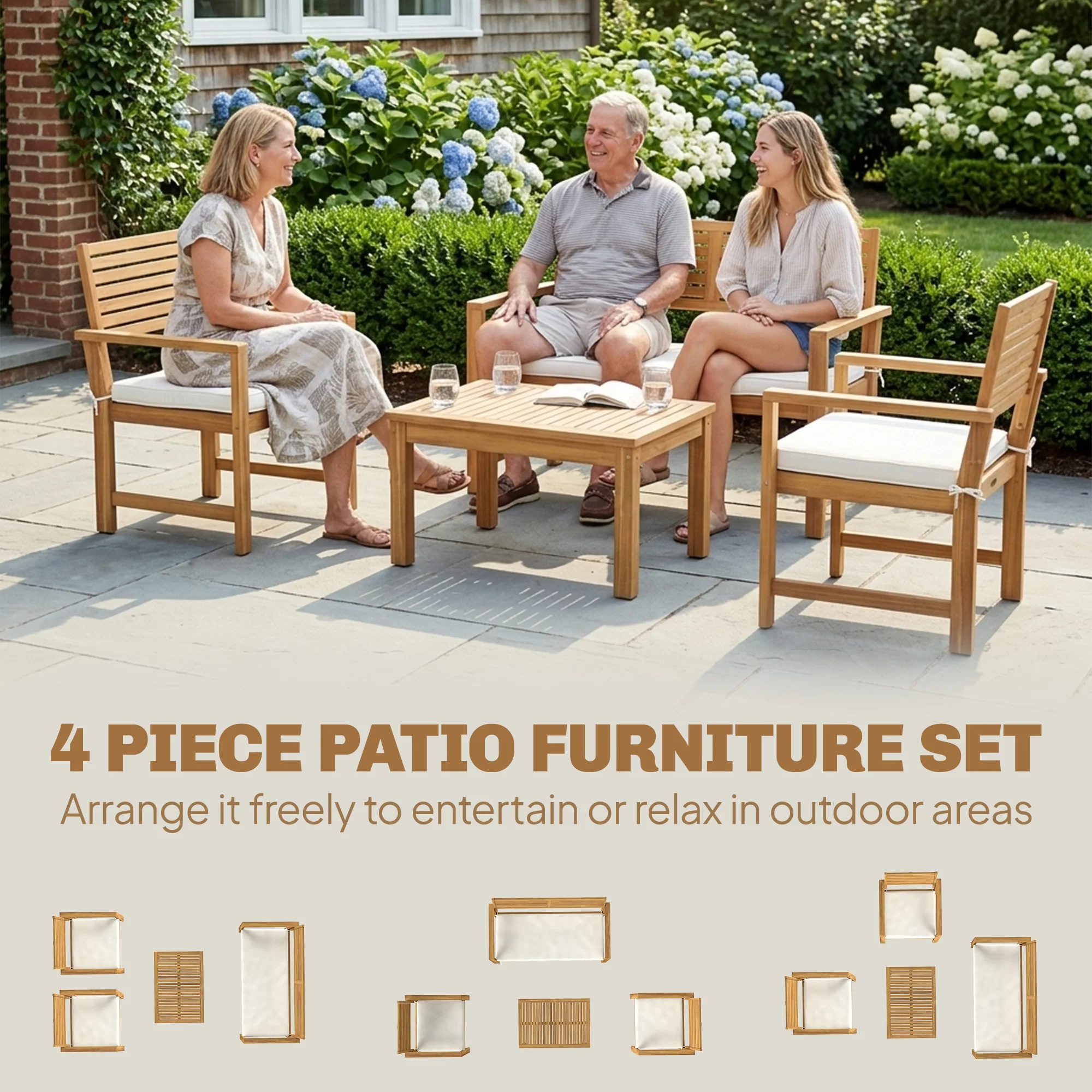 Outsunny 4 Seater Wooden Garden Furniture Set with Loveseat, Chairs, Table - Image 3