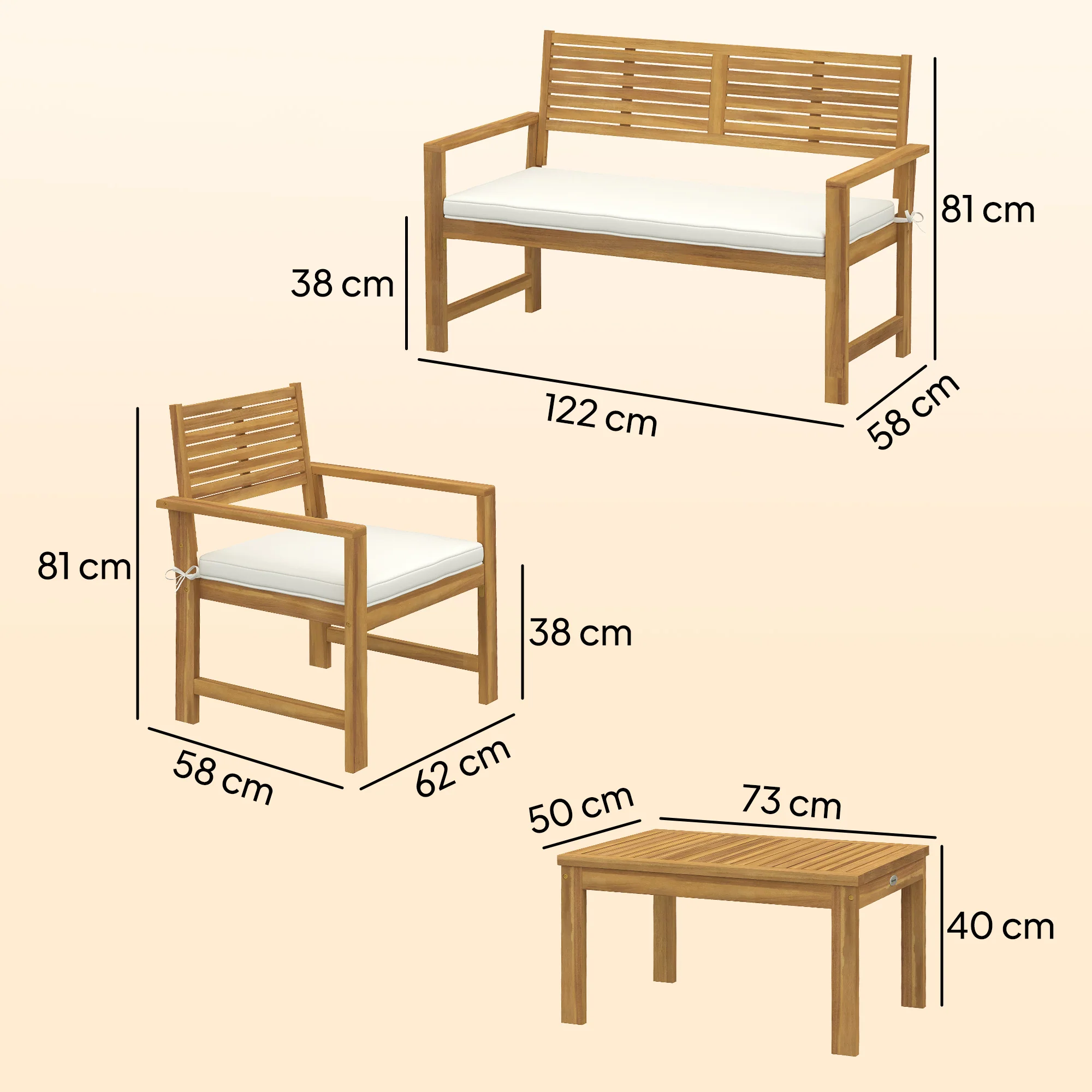 Outsunny 4 Seater Wooden Garden Furniture Set with Loveseat, Chairs, Table - Image 5