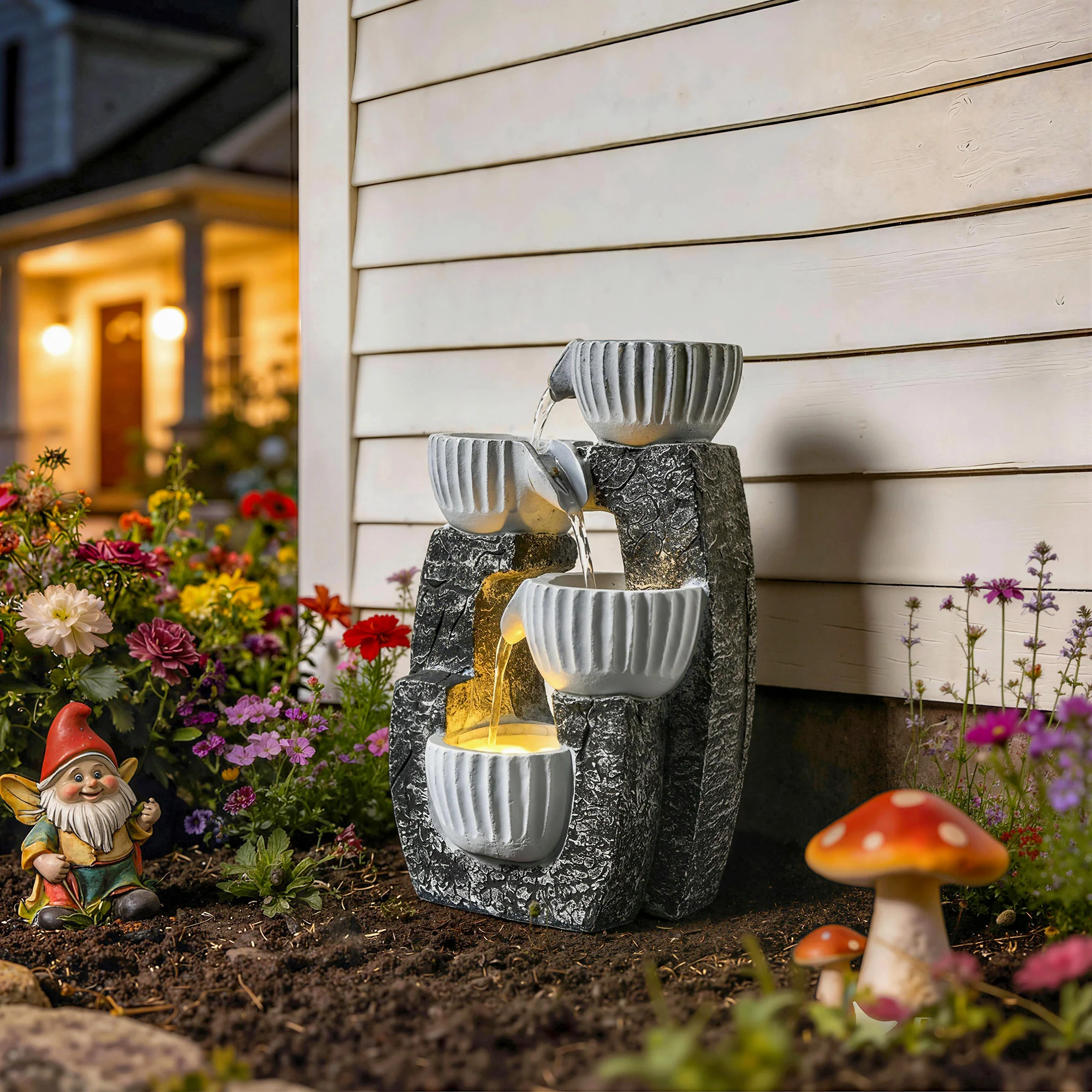 Outsunny 4-Tier Bowl Water Feature, Outdoor Water Fountain with LED Lights - Image 2